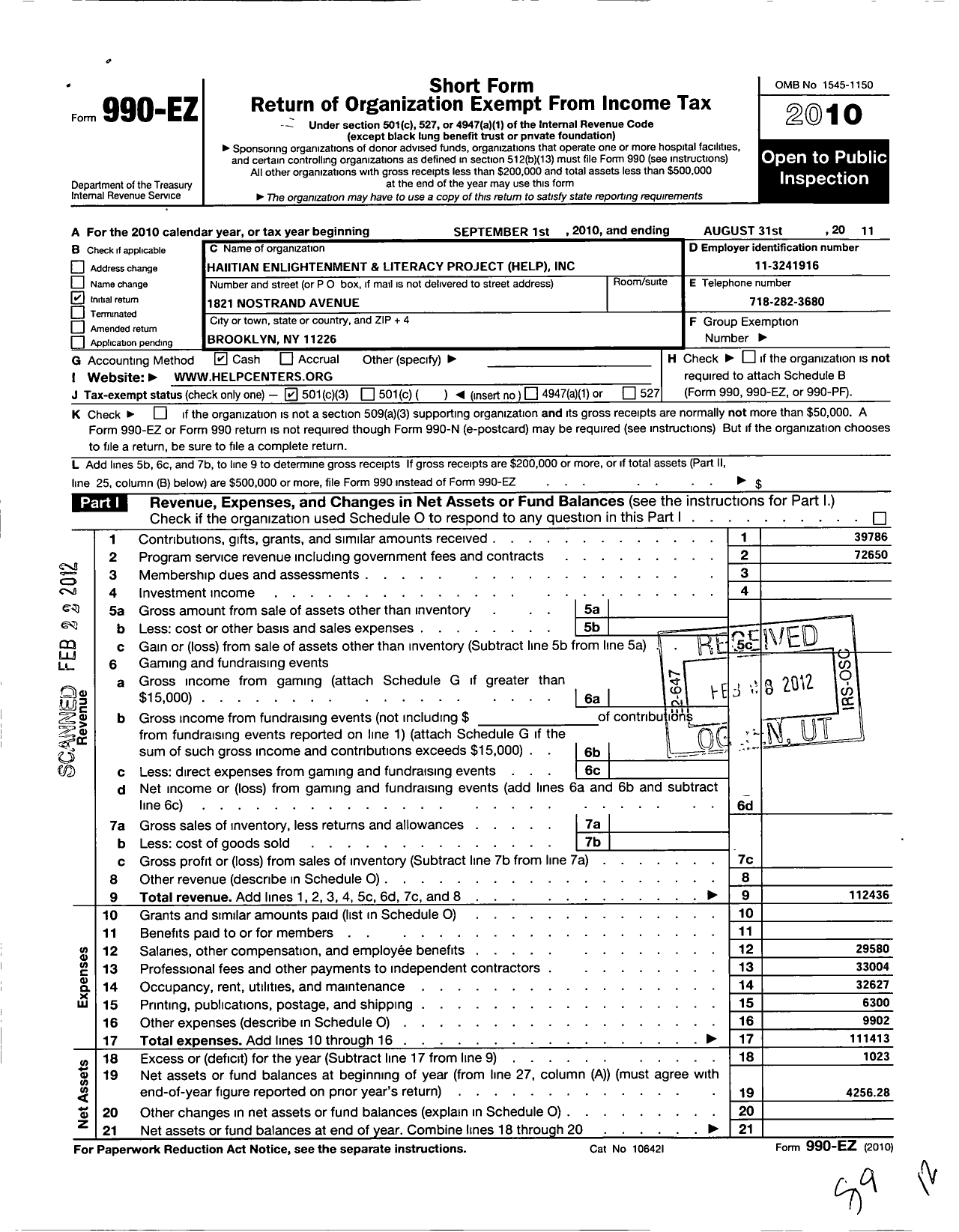 Image of first page of 2010 Form 990EZ for Haitian Enlightenment and Literacy Project Help