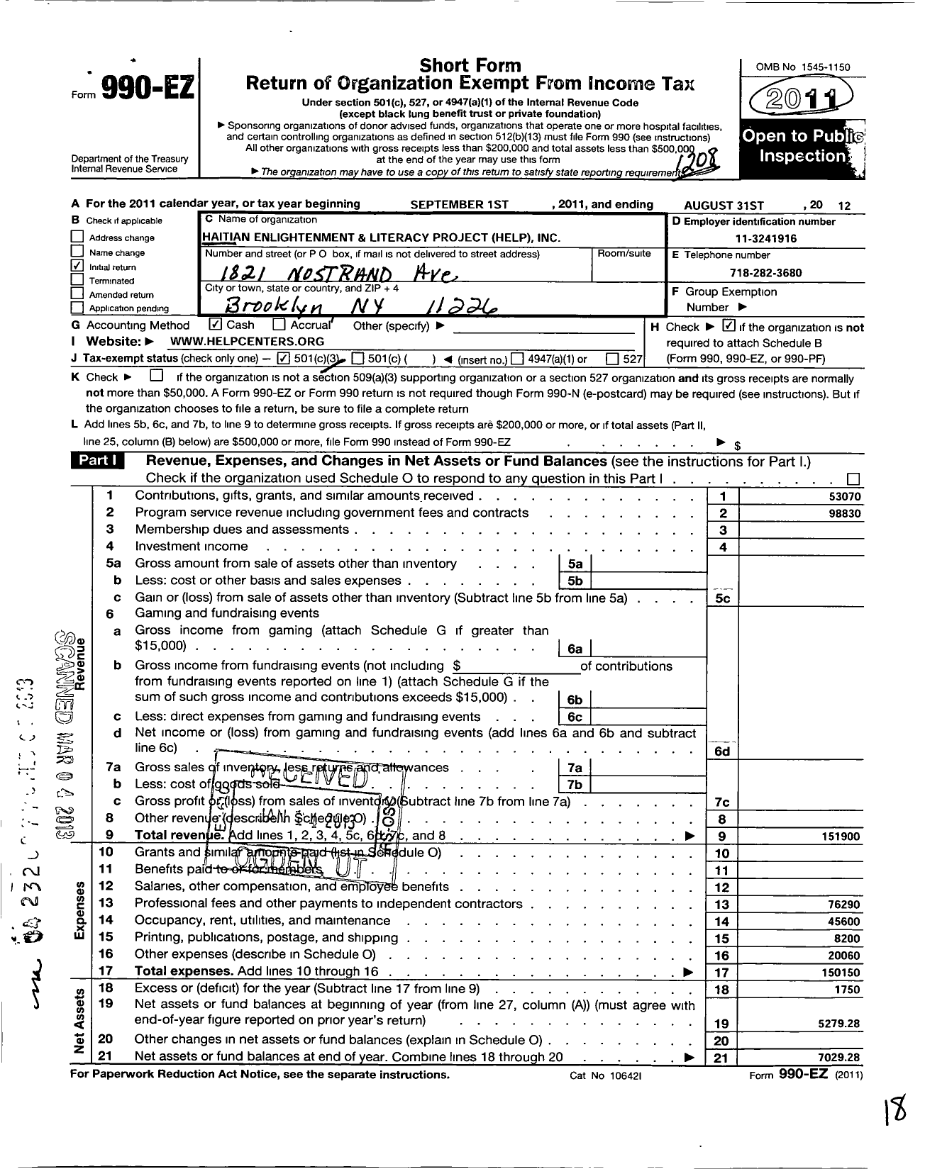 Image of first page of 2011 Form 990EZ for Haitian Enlightenment and Literacy Project Help