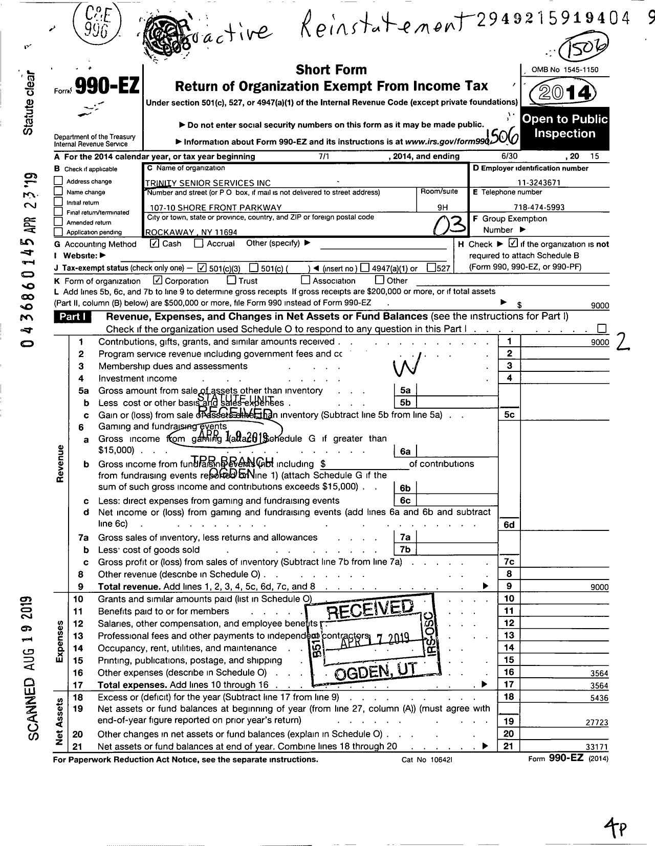 Image of first page of 2014 Form 990EZ for Trinity Senior Services