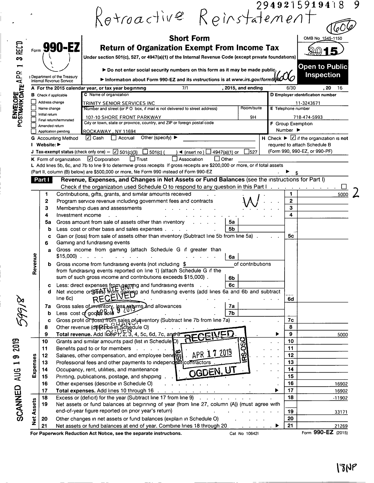 Image of first page of 2015 Form 990EZ for Trinity Senior Services