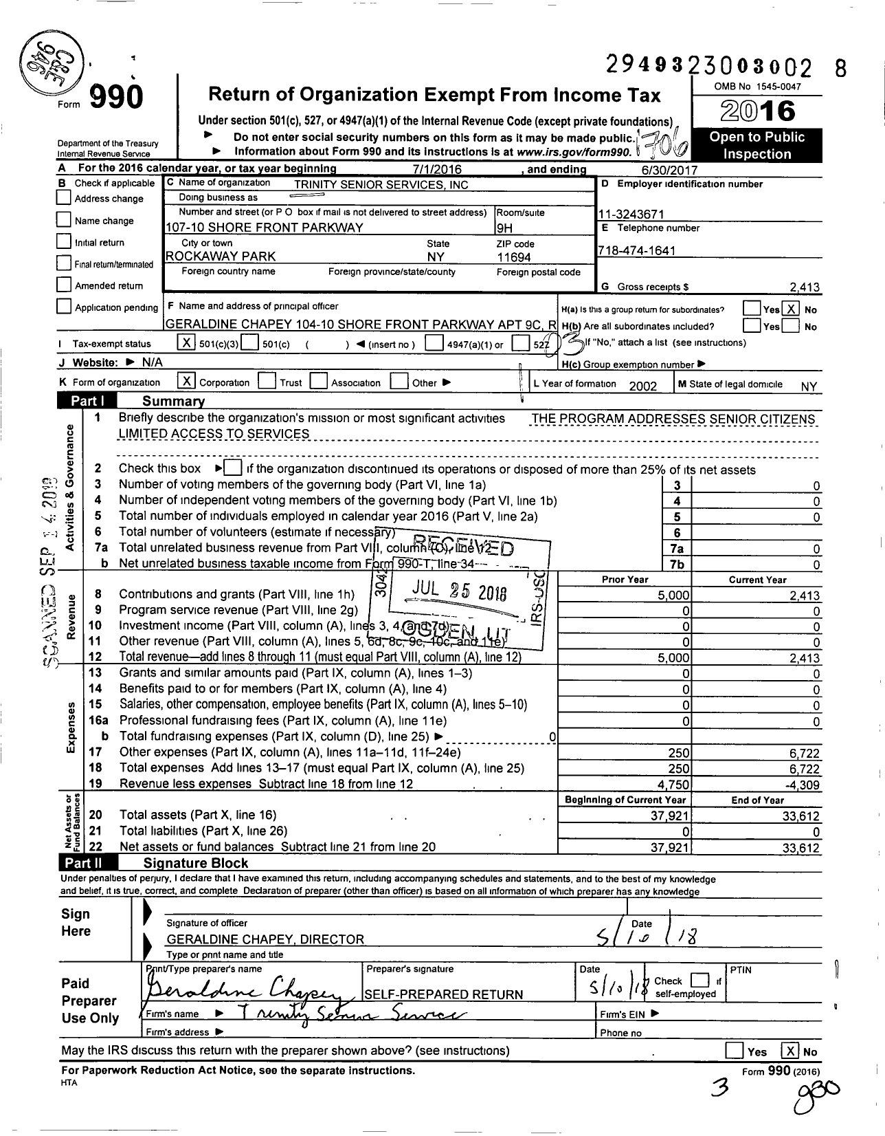 Image of first page of 2016 Form 990 for Trinity Senior Services