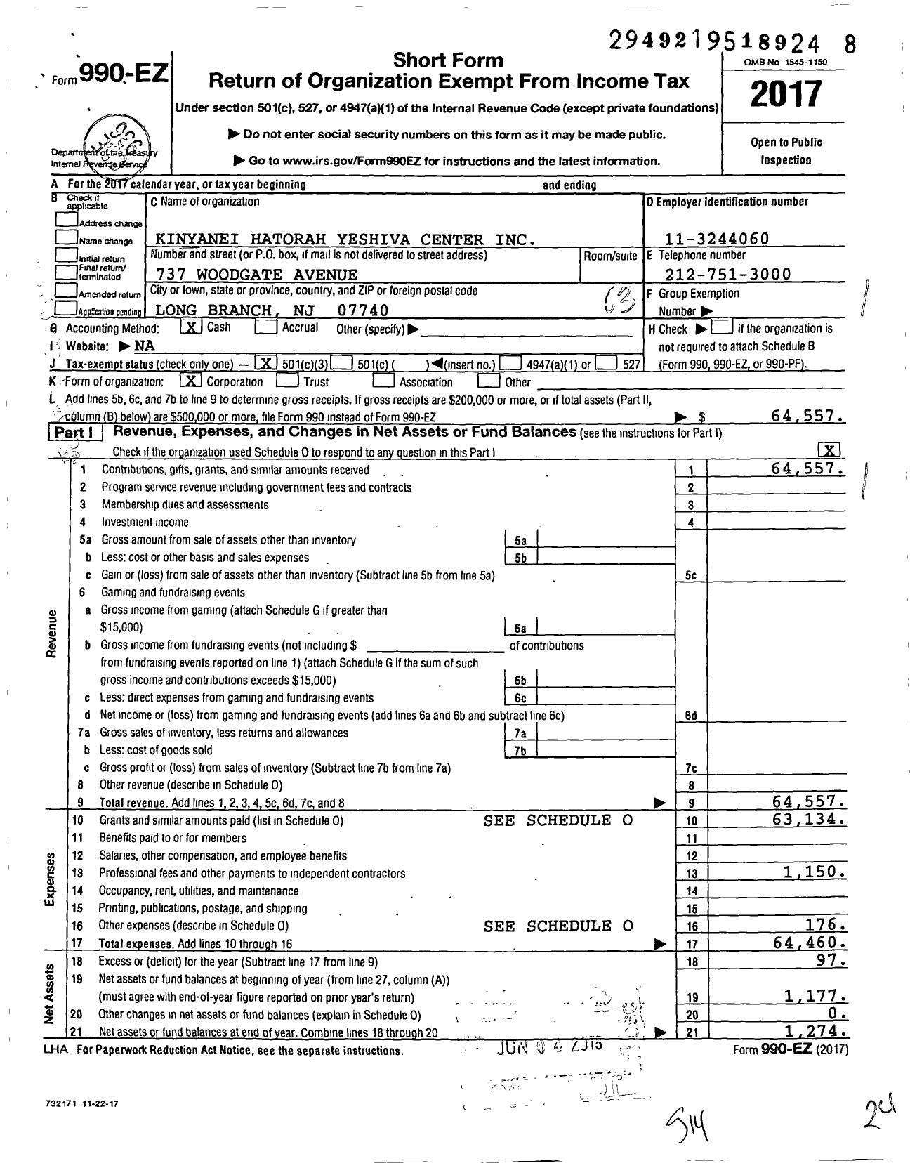 Image of first page of 2017 Form 990EZ for Kinyanei Hatorah Yeshiva Center