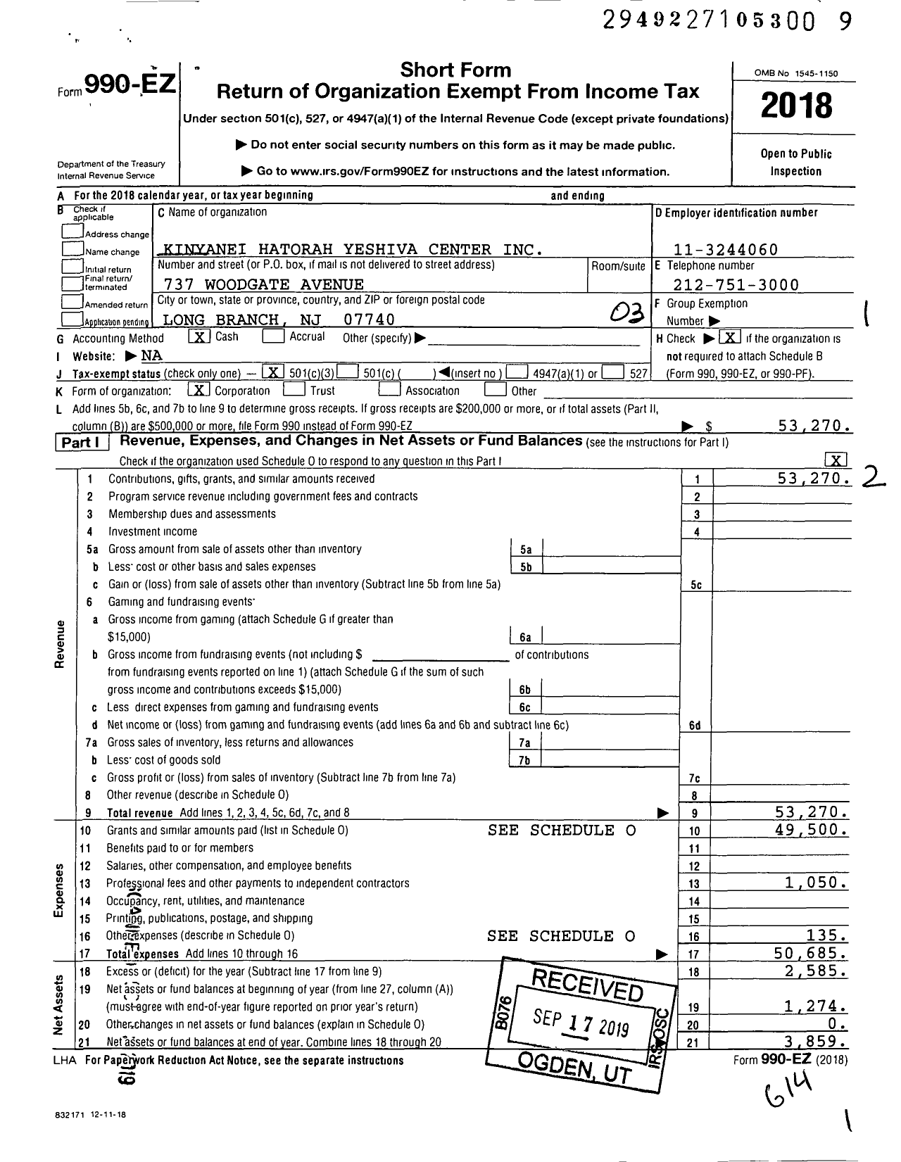 Image of first page of 2018 Form 990EZ for Kinyanei Hatorah Yeshiva Center