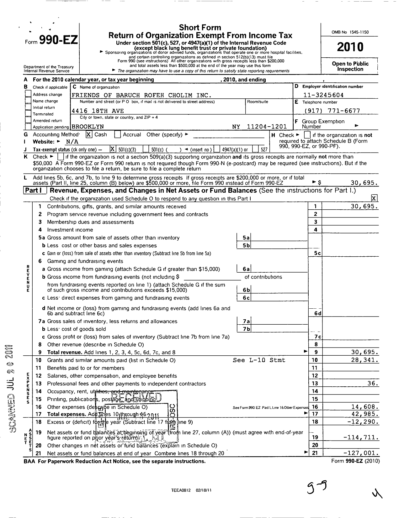 Image of first page of 2010 Form 990EZ for Friends of Baruch Rofeh Cholim