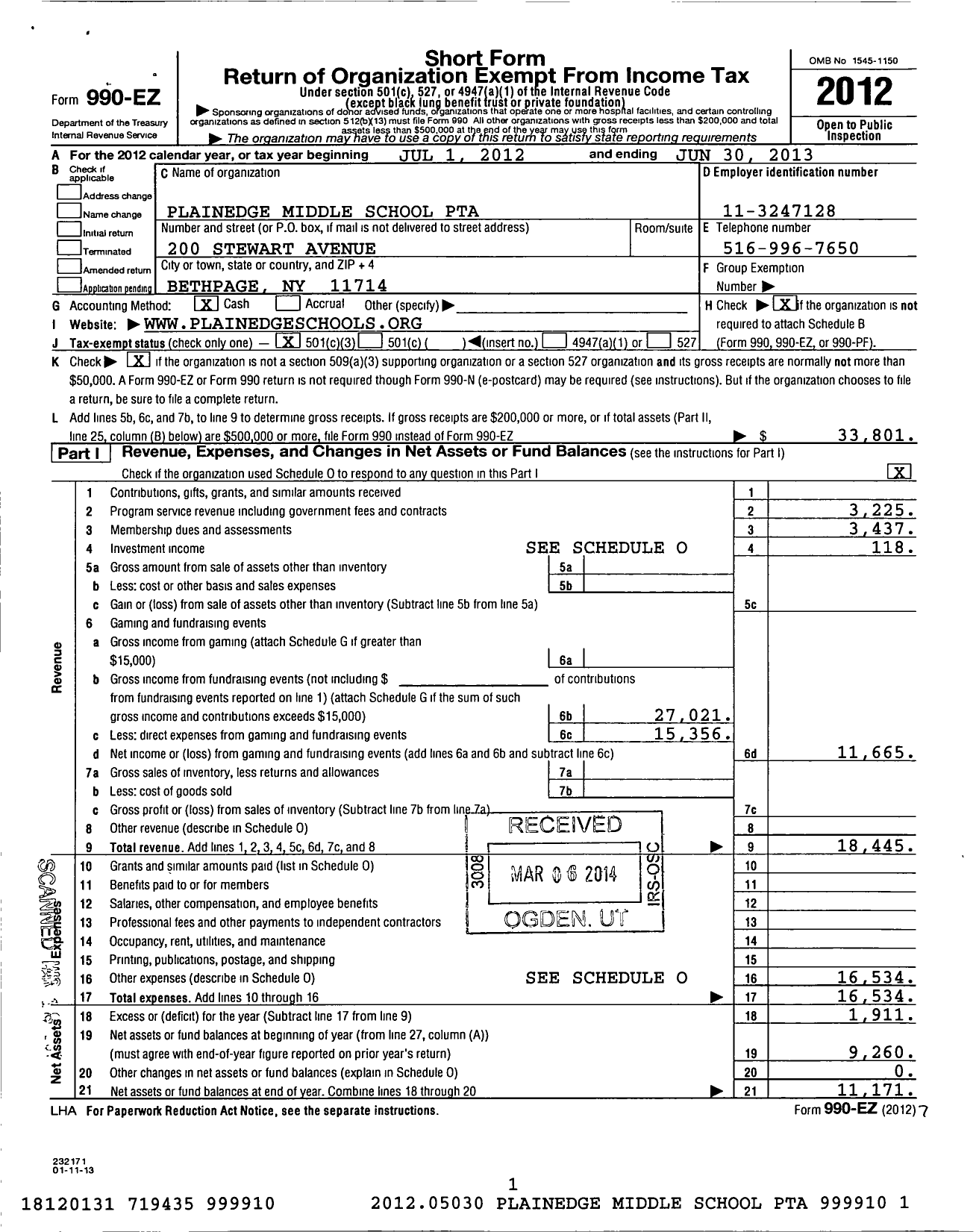 Image of first page of 2012 Form 990EZ for New York State PTA - 010-142 Plainedge Middle School PTA