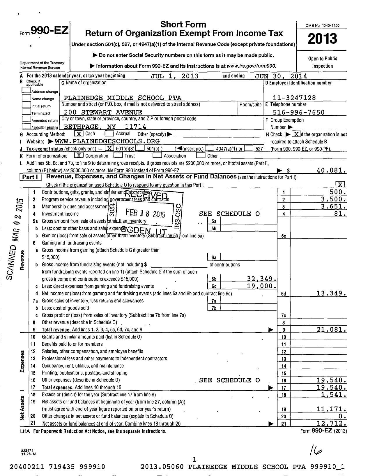 Image of first page of 2013 Form 990EZ for New York State PTA - 010-142 Plainedge Middle School PTA