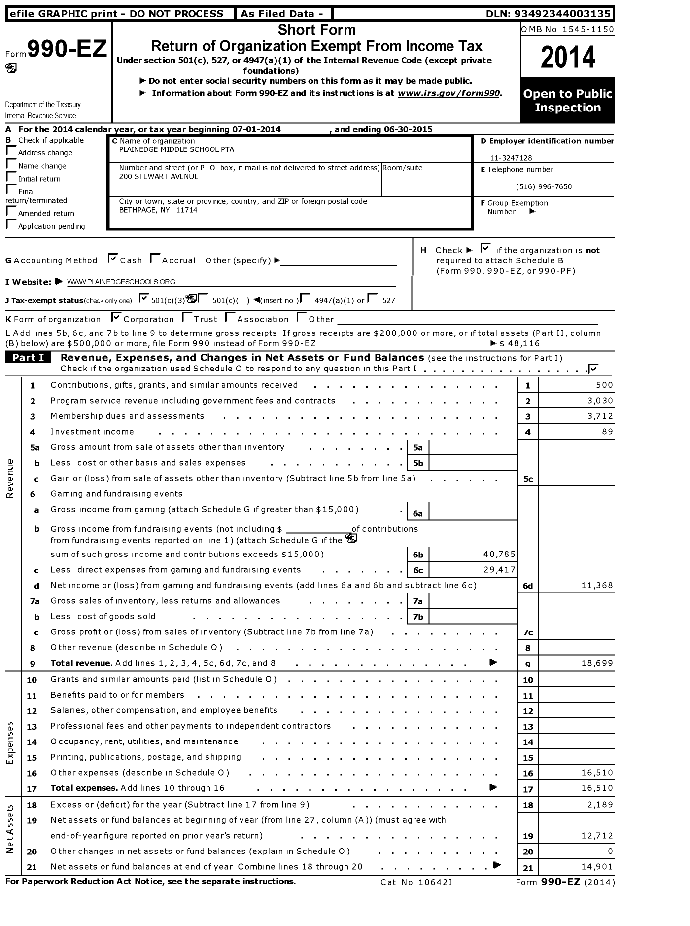 Image of first page of 2014 Form 990EZ for New York State PTA - 010-142 Plainedge Middle School PTA