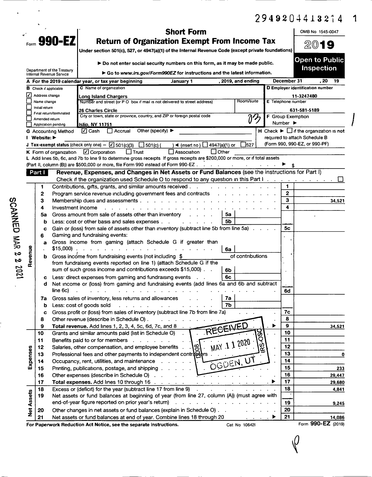 Image of first page of 2019 Form 990EZ for Long Island Chargers