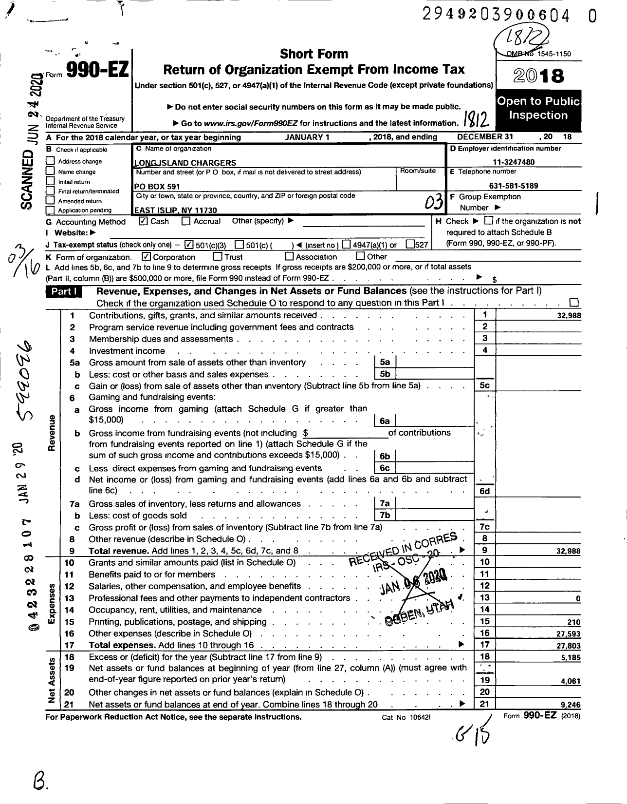 Image of first page of 2018 Form 990EZ for Long Island Chargers