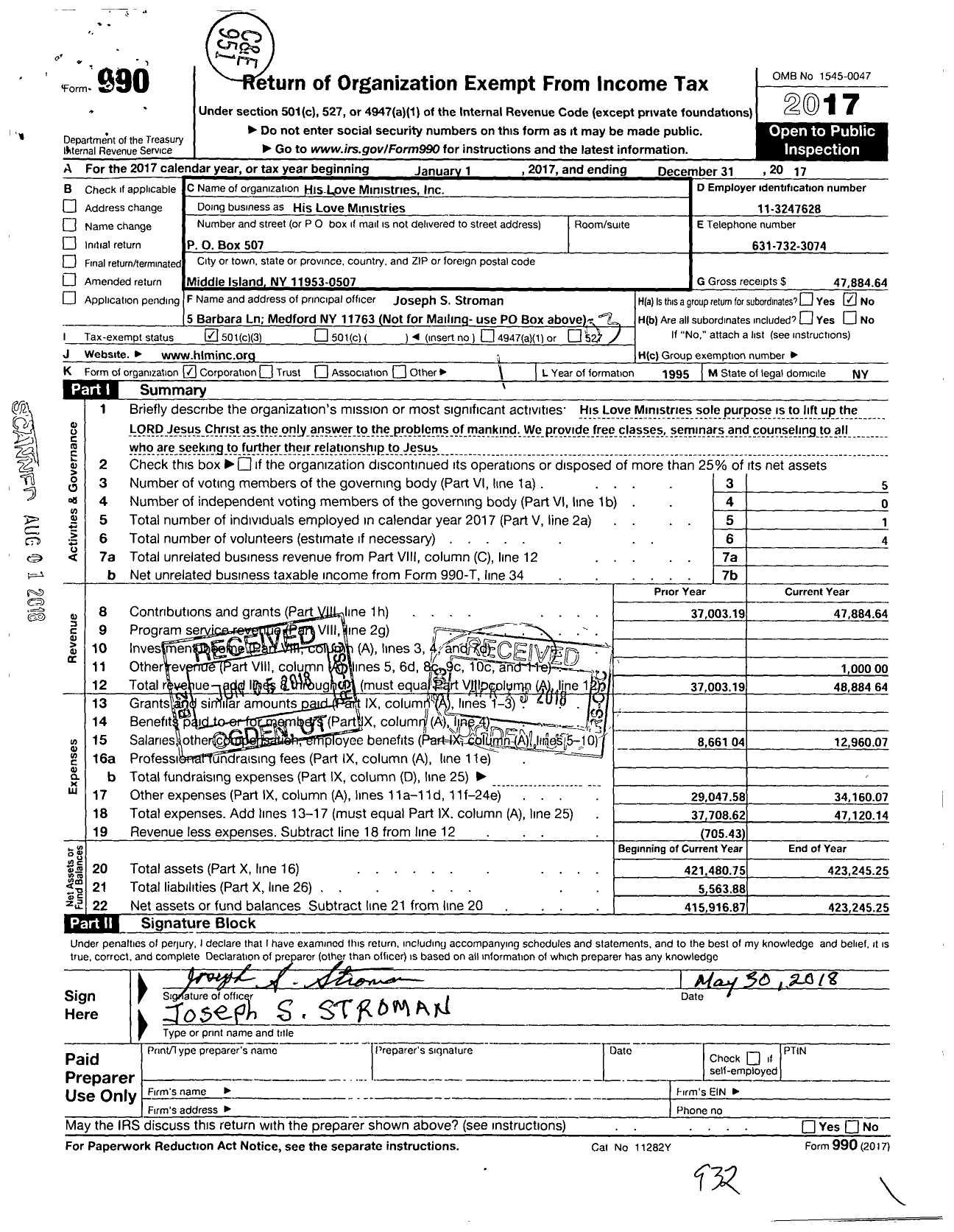 Image of first page of 2017 Form 990 for His Love Ministries