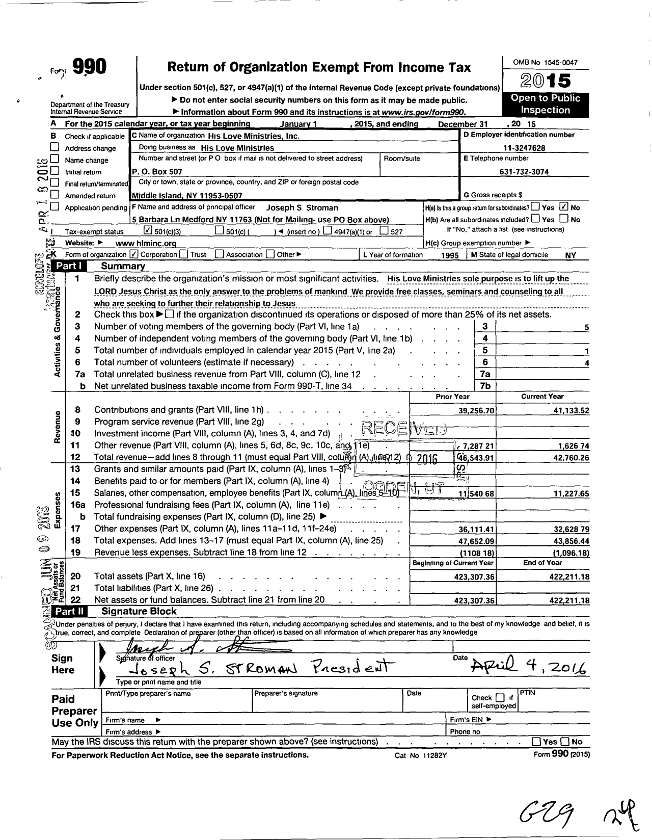 Image of first page of 2015 Form 990 for His Love Ministries