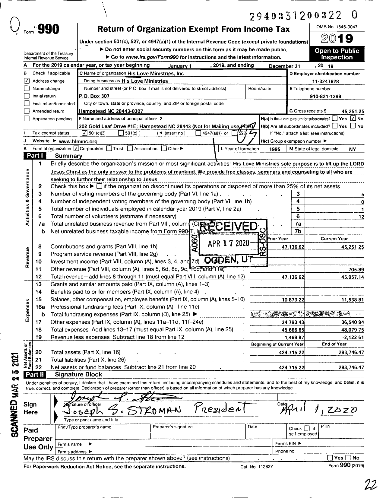 Image of first page of 2019 Form 990 for His Love Ministries