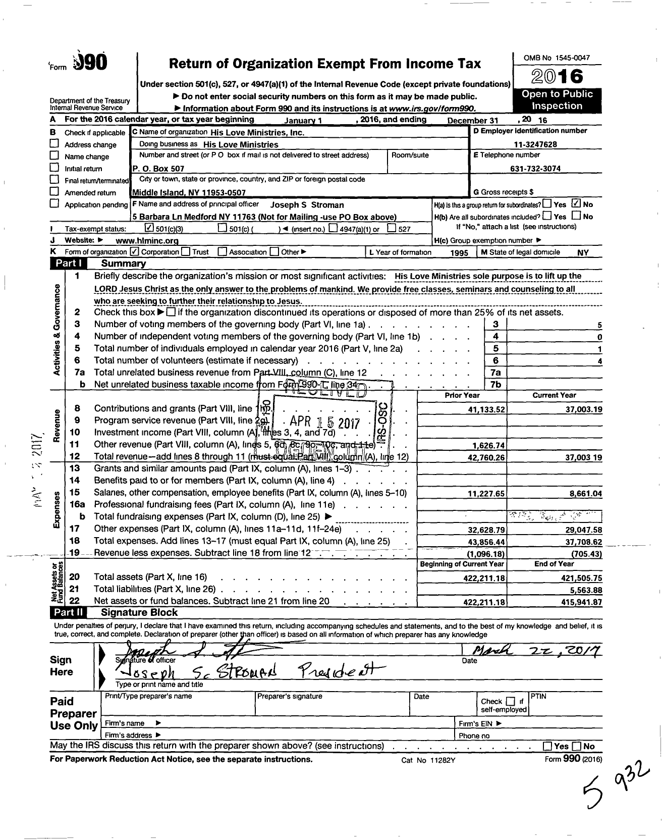 Image of first page of 2016 Form 990 for His Love Ministries