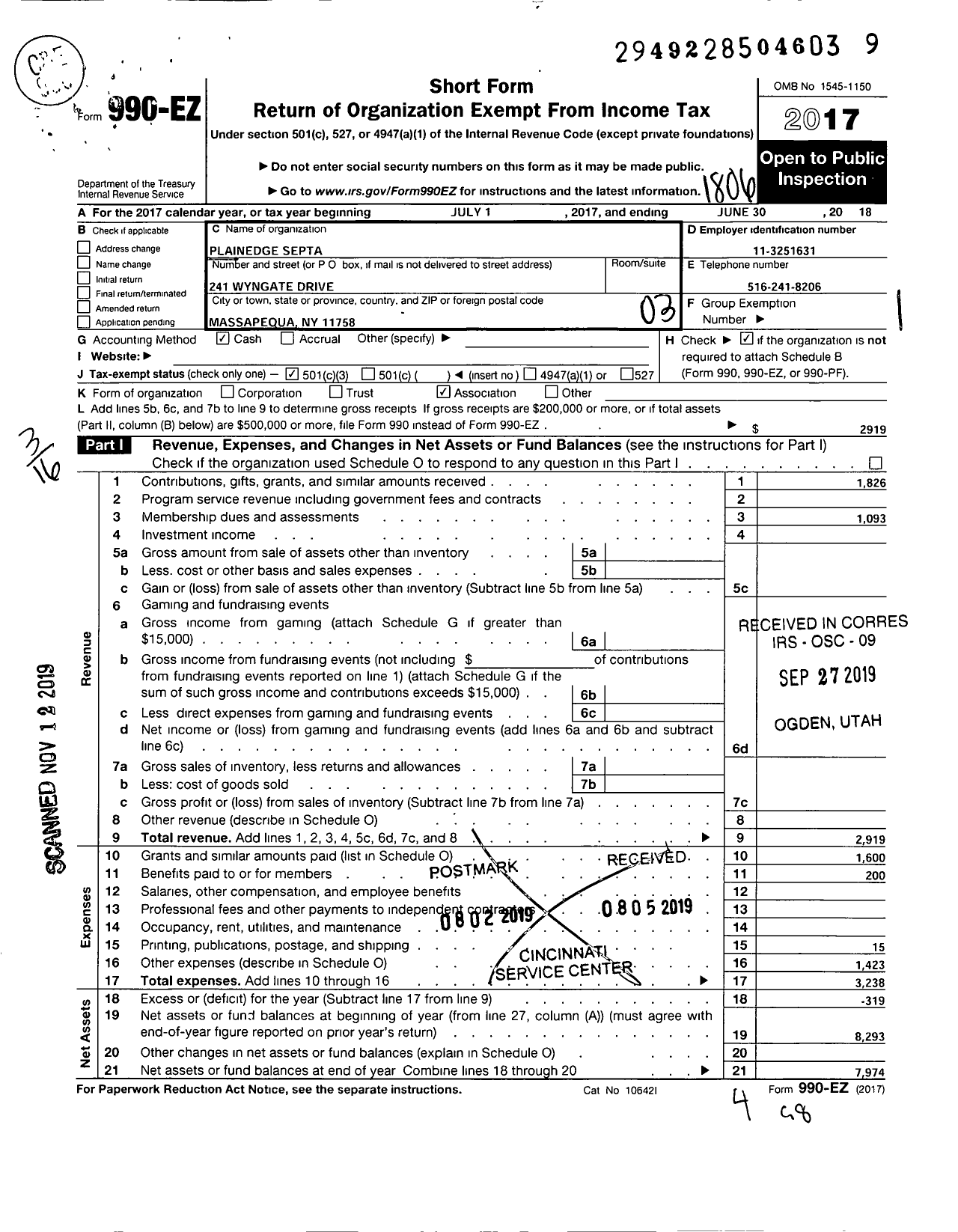 Image of first page of 2017 Form 990EZ for New York State PTA - 010-498 Plainedge Septa