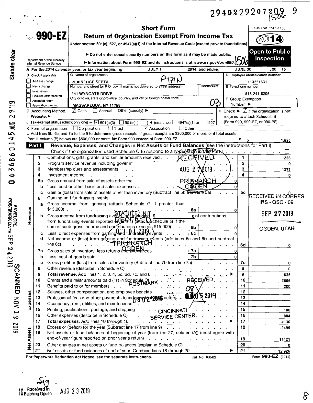 Image of first page of 2014 Form 990EZ for New York State PTA - 010-498 Plainedge Septa