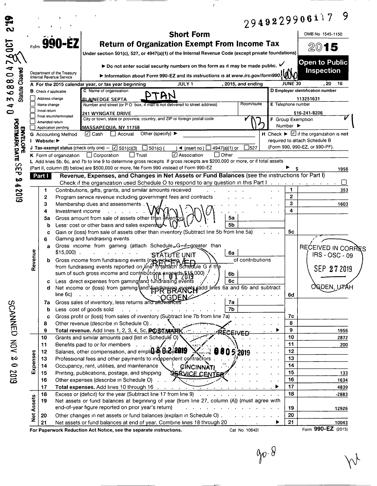 Image of first page of 2015 Form 990EZ for New York State PTA - 010-498 Plainedge Septa