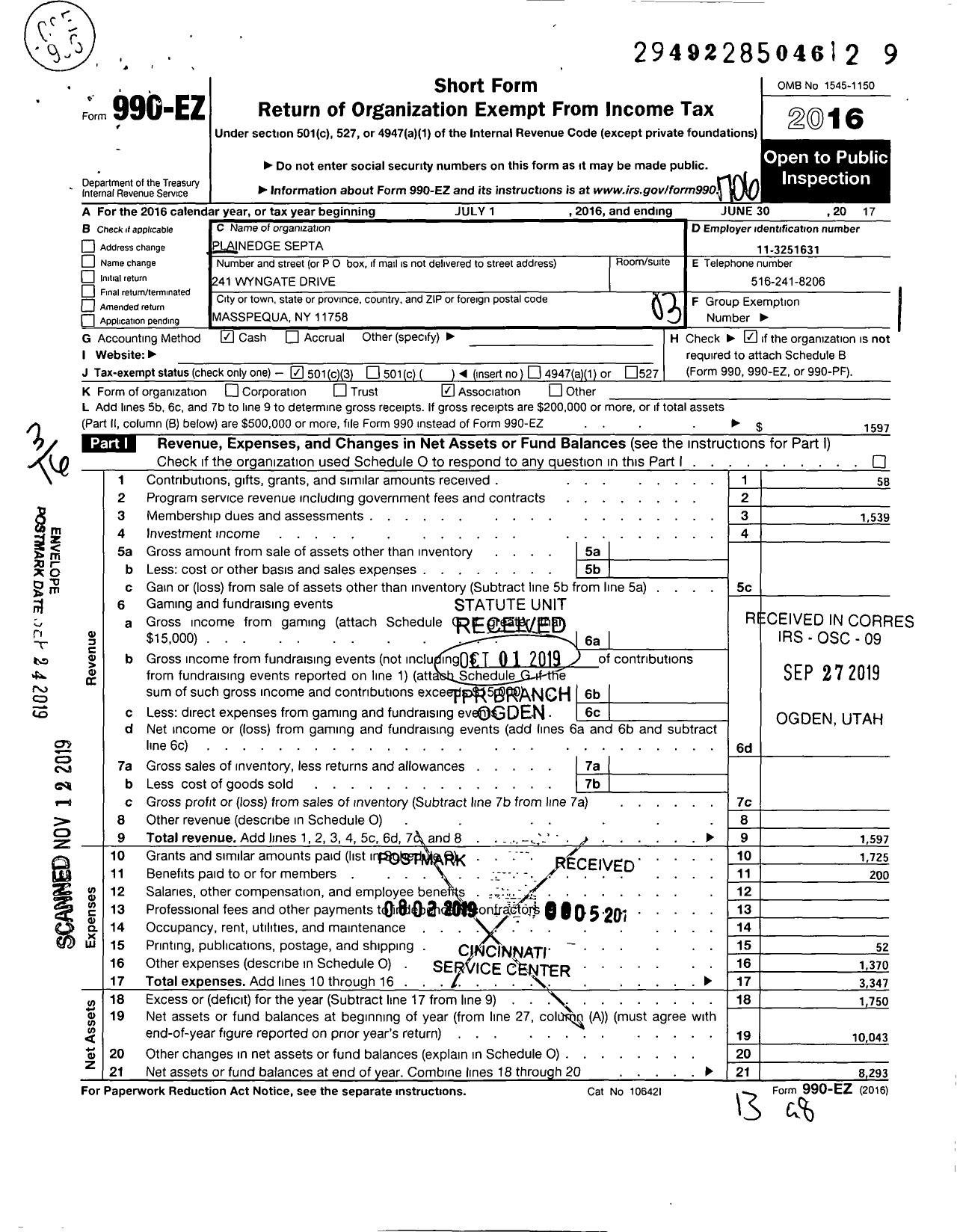 Image of first page of 2016 Form 990EZ for New York State PTA - 010-498 Plainedge Septa