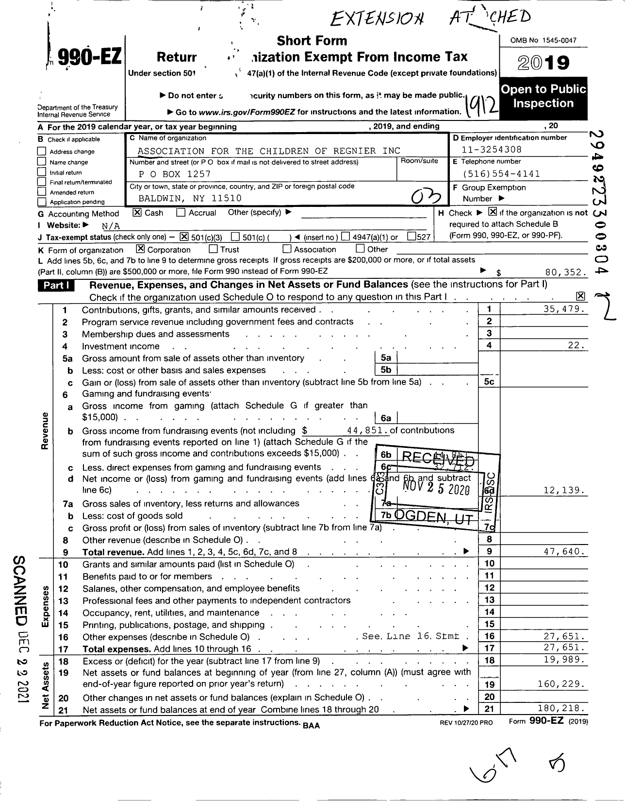 Image of first page of 2019 Form 990EZ for Association for the Children of Regnier