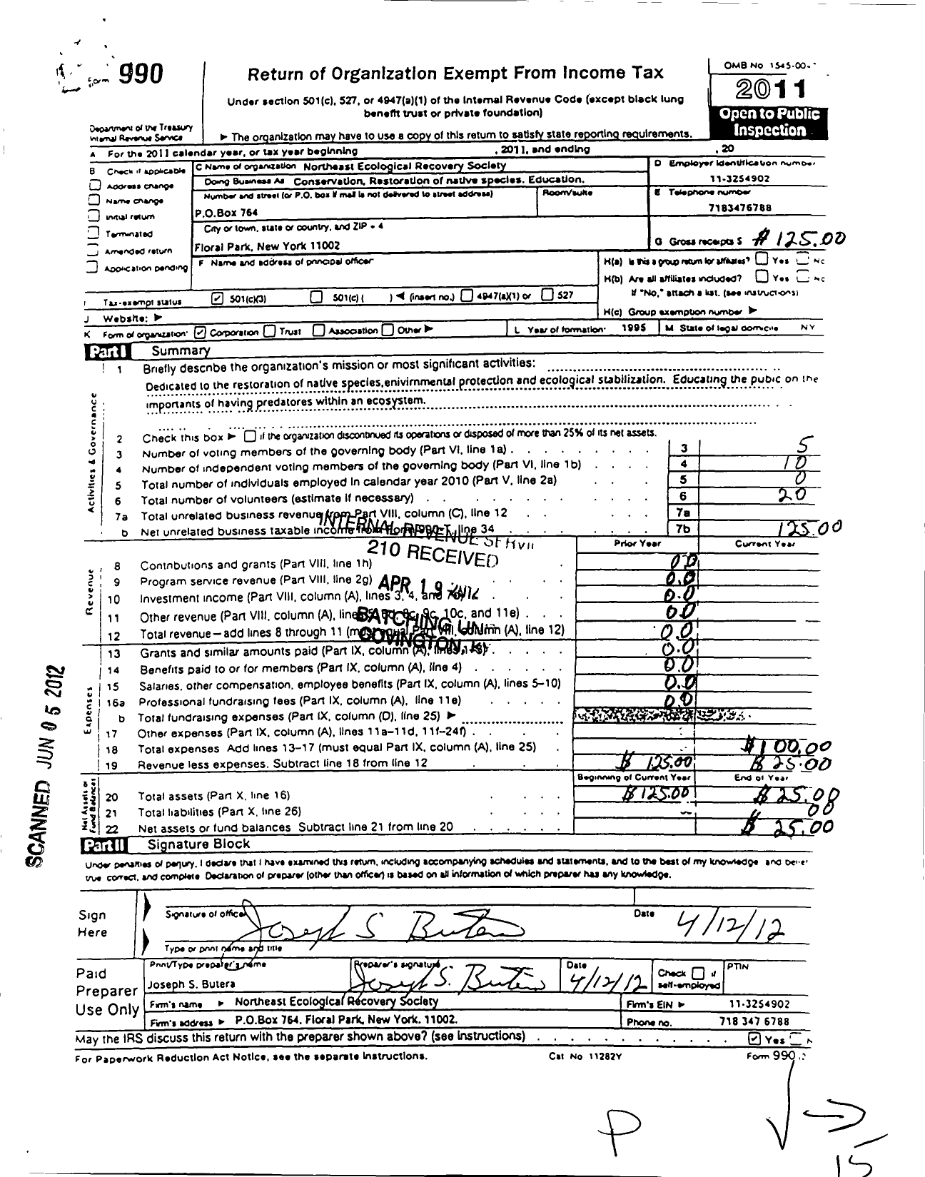 Image of first page of 2011 Form 990 for Northeast Ecological Recovery Society