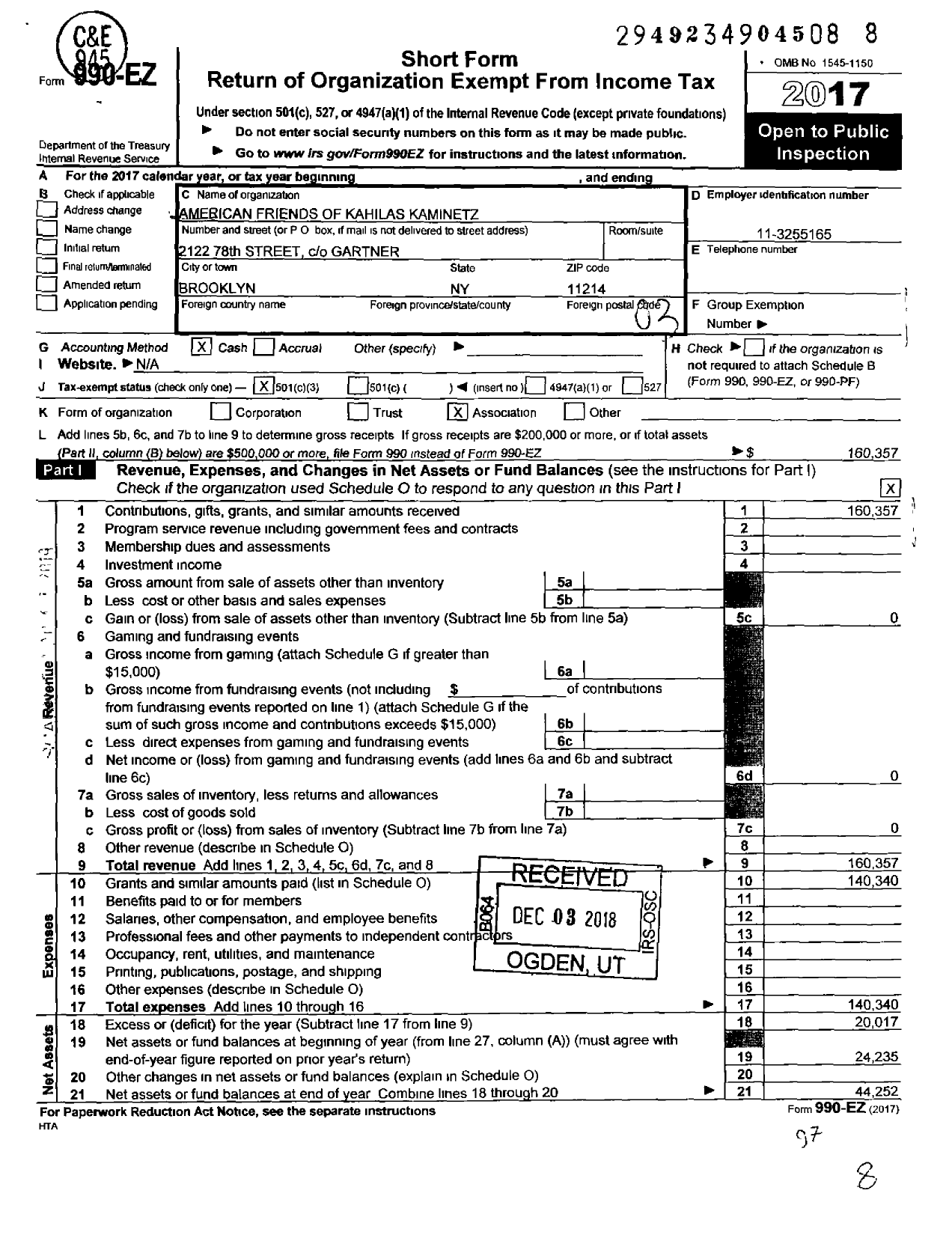 Image of first page of 2017 Form 990EZ for American Friends of Kahilas Kamenitz