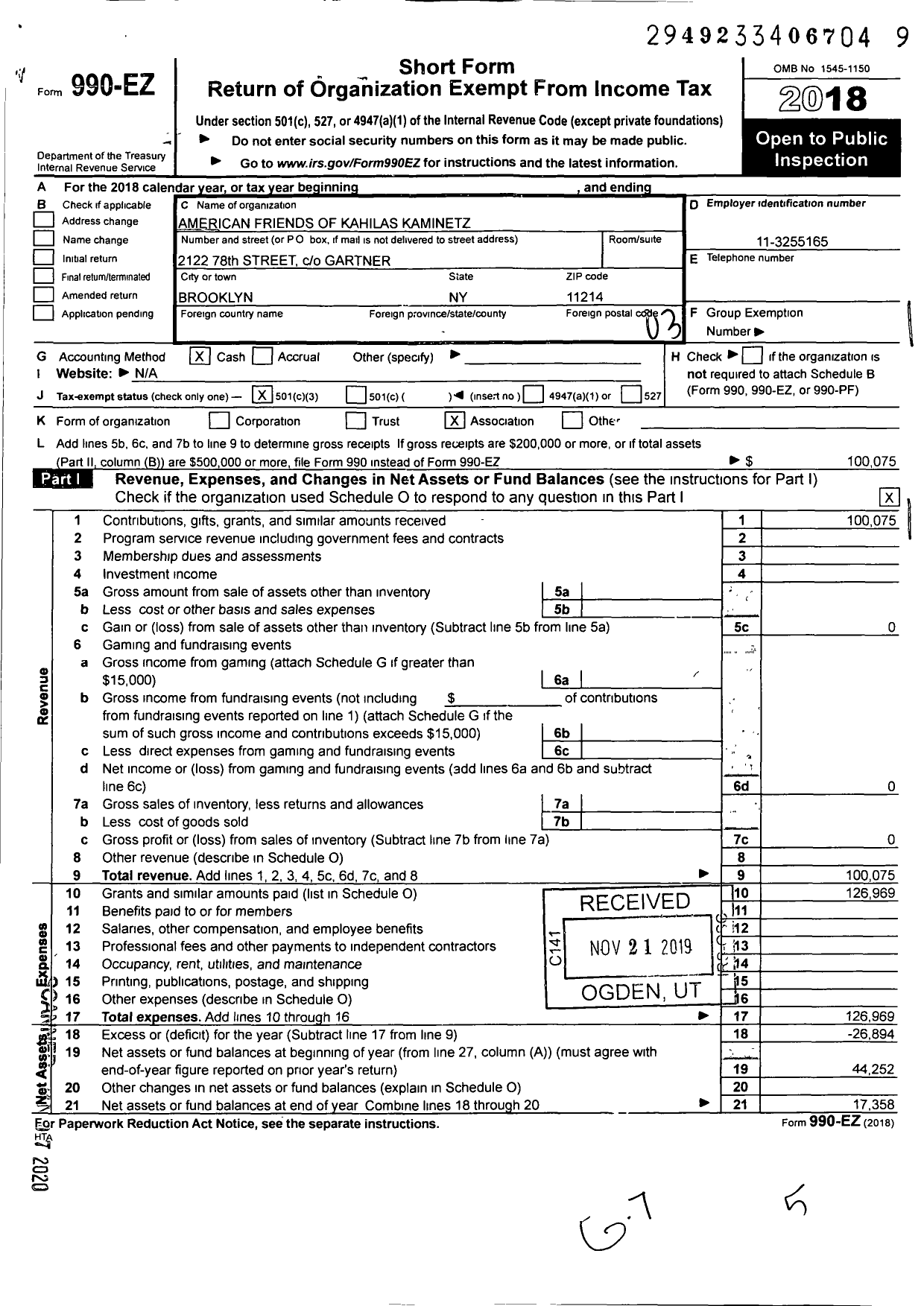 Image of first page of 2018 Form 990EZ for American Friends of Kahilas Kamenitz