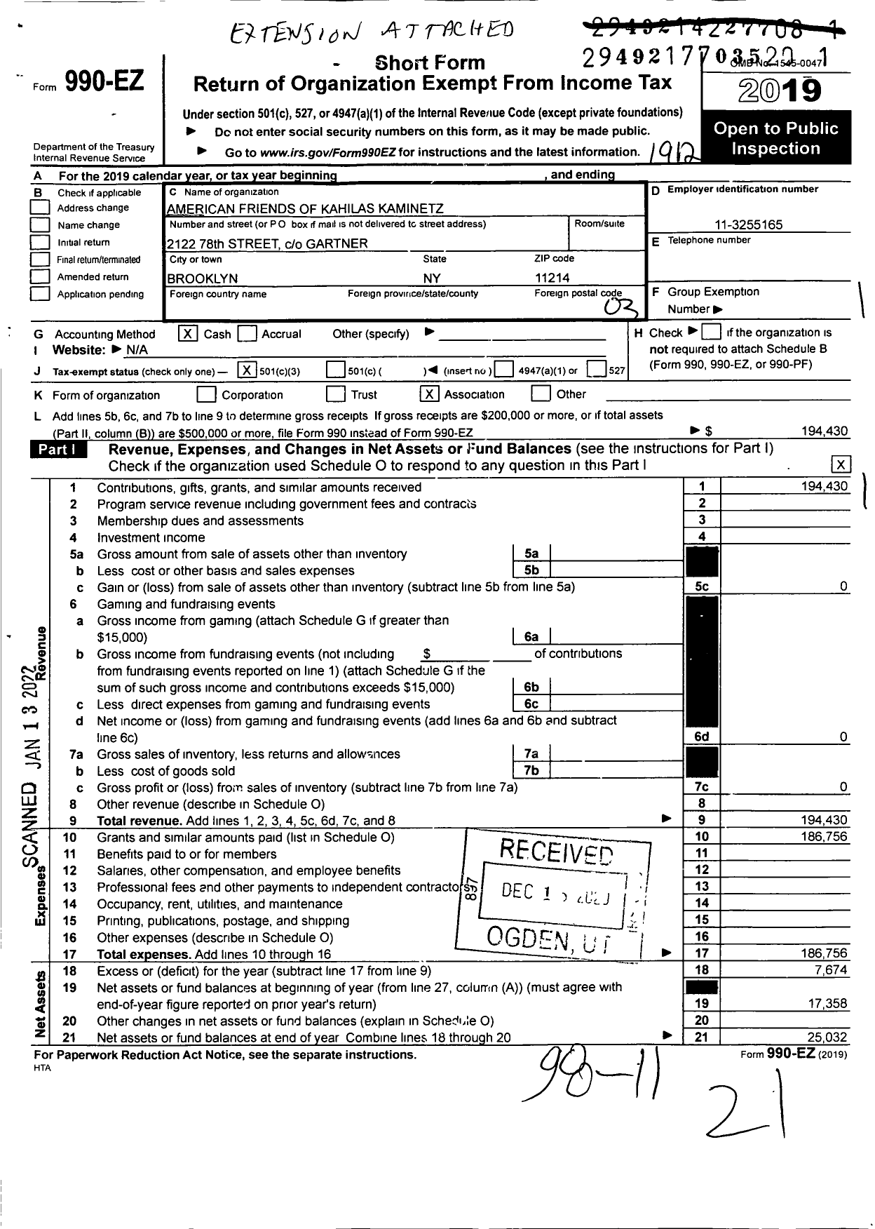 Image of first page of 2019 Form 990EZ for American Friends of Kahilas Kamenitz