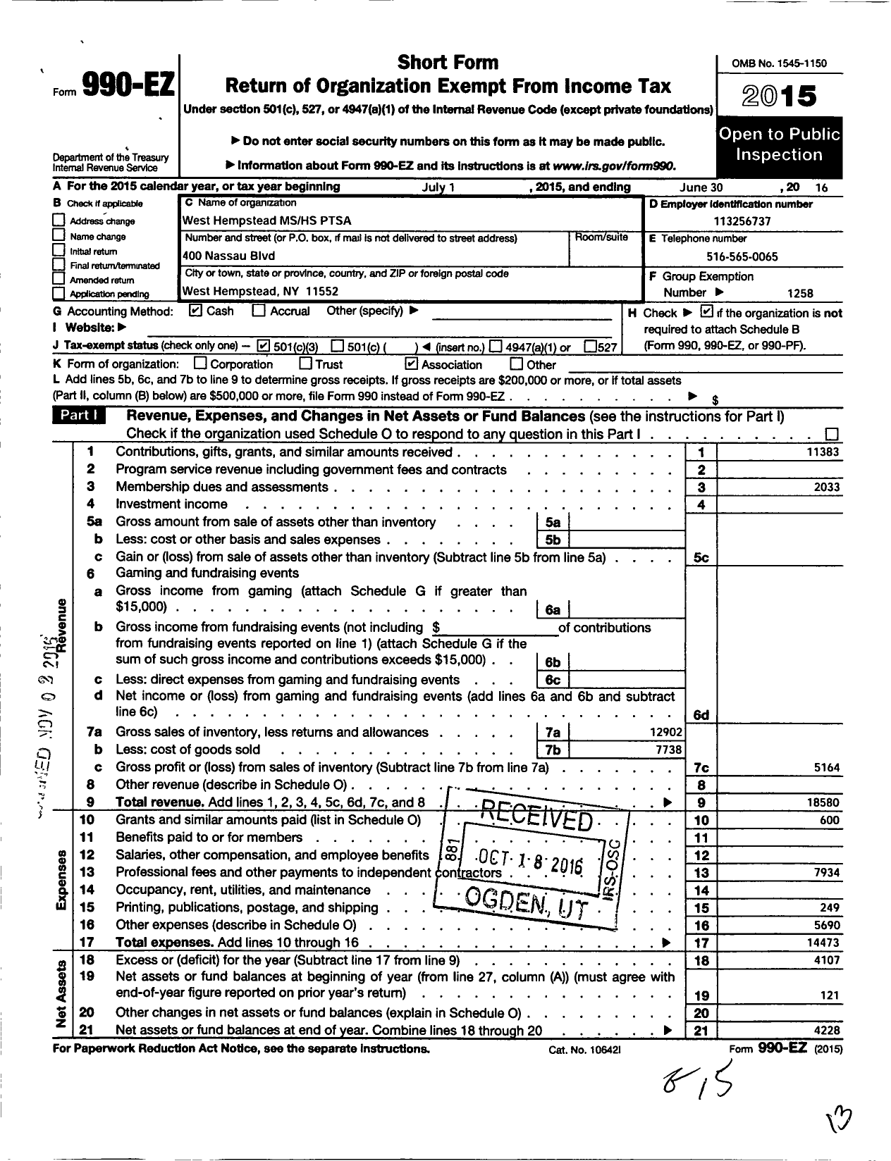 Image of first page of 2015 Form 990EZ for New York State PTA - 010-285 W Hempstead Middle-Srhs PTS