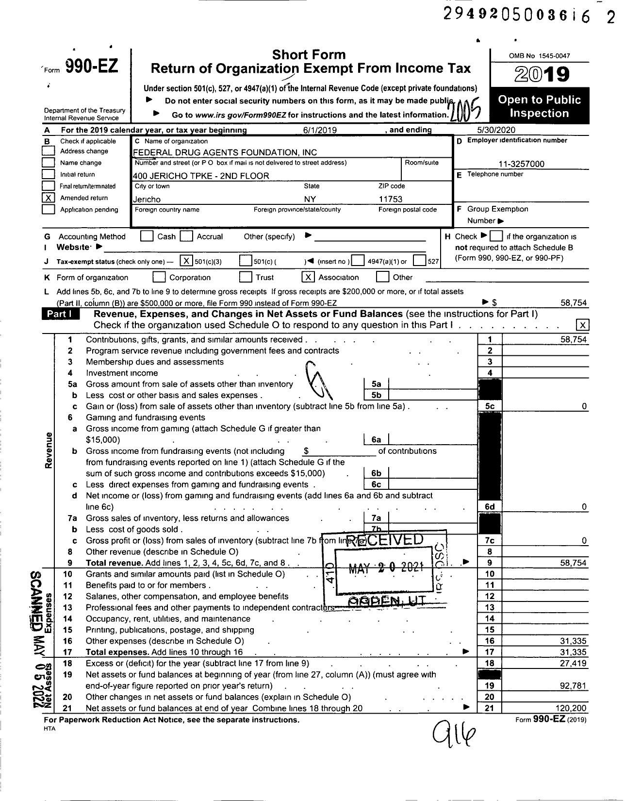 Image of first page of 2019 Form 990EZ for Federal Drug Agents Foundation