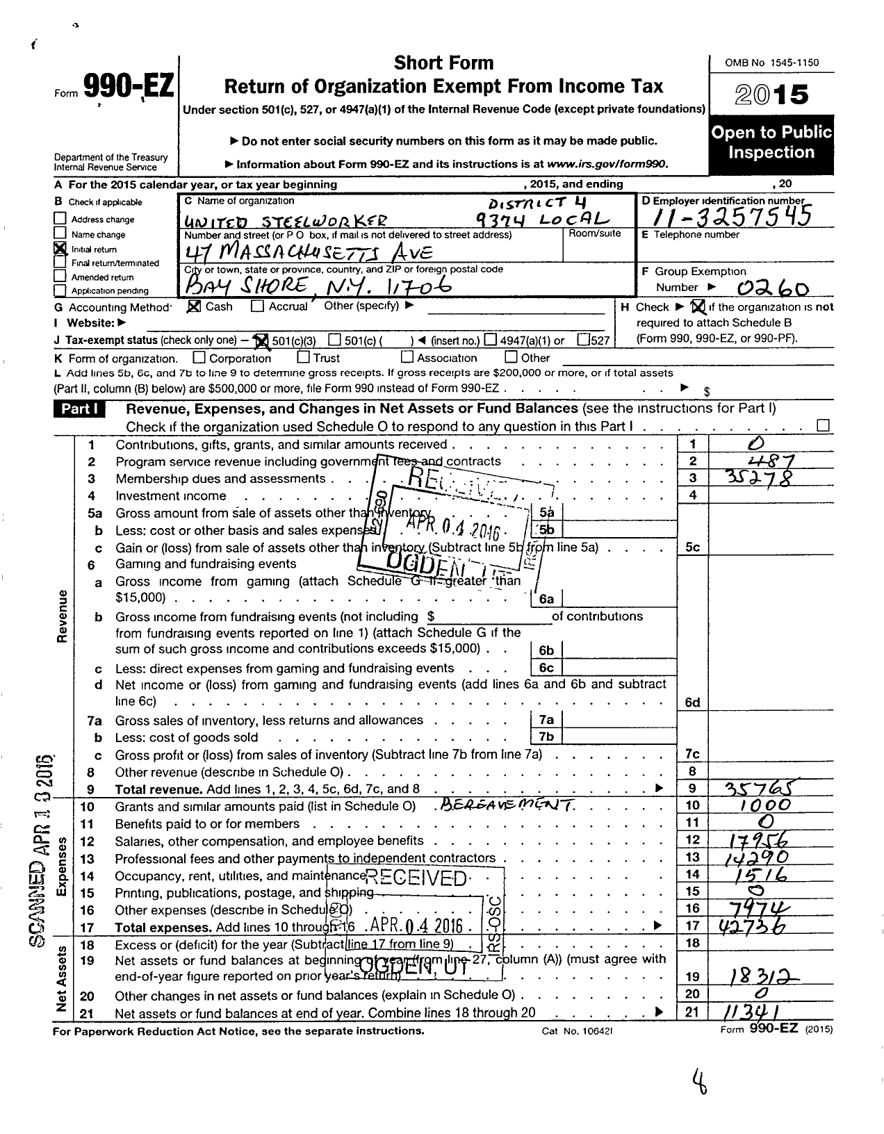 Image of first page of 2015 Form 990EZ for United Steelworkers - 09374 Local