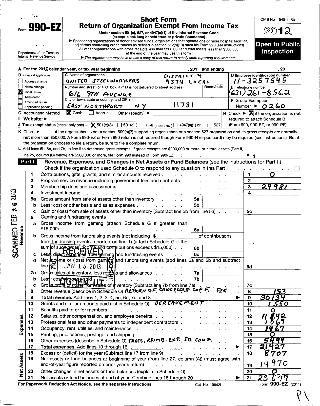 Image of first page of 2012 Form 990EZ for United Steelworkers - 09374 Local