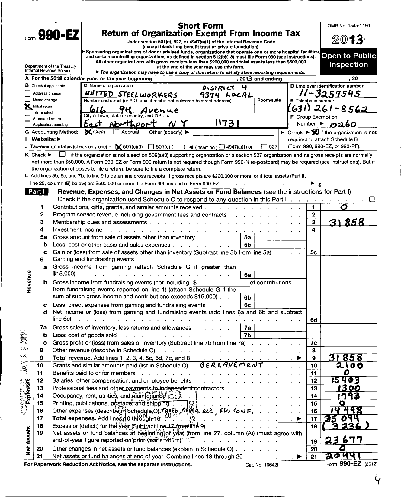 Image of first page of 2013 Form 990EZ for United Steelworkers - 09374 Local