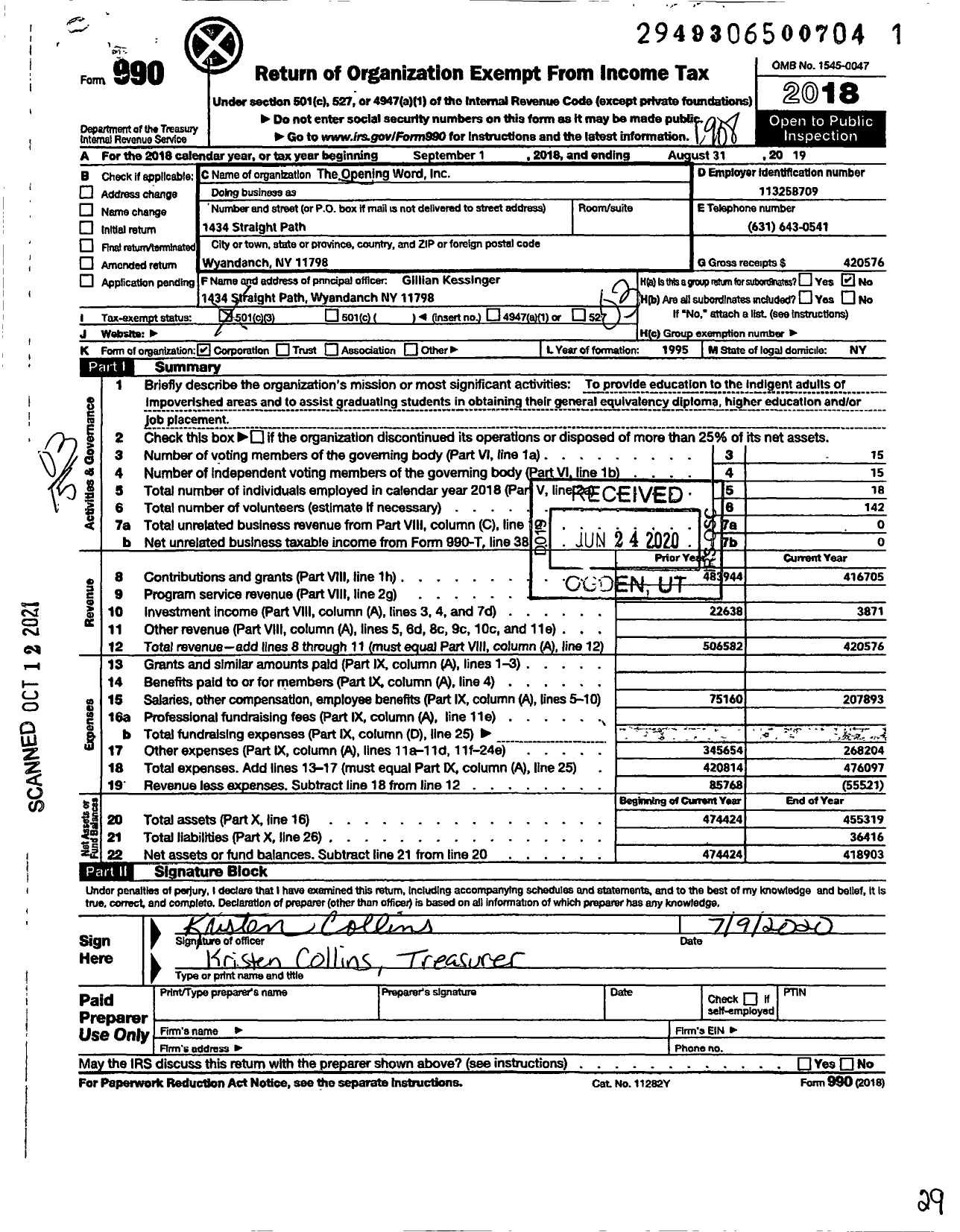 Image of first page of 2018 Form 990 for Opening Word Program