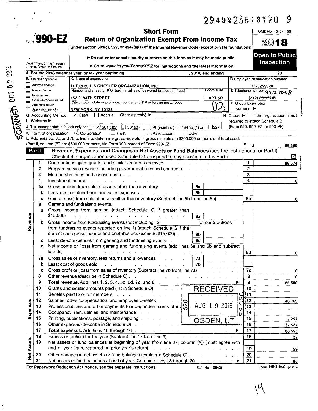 Image of first page of 2018 Form 990EZ for The Phyllis Chesler Organization