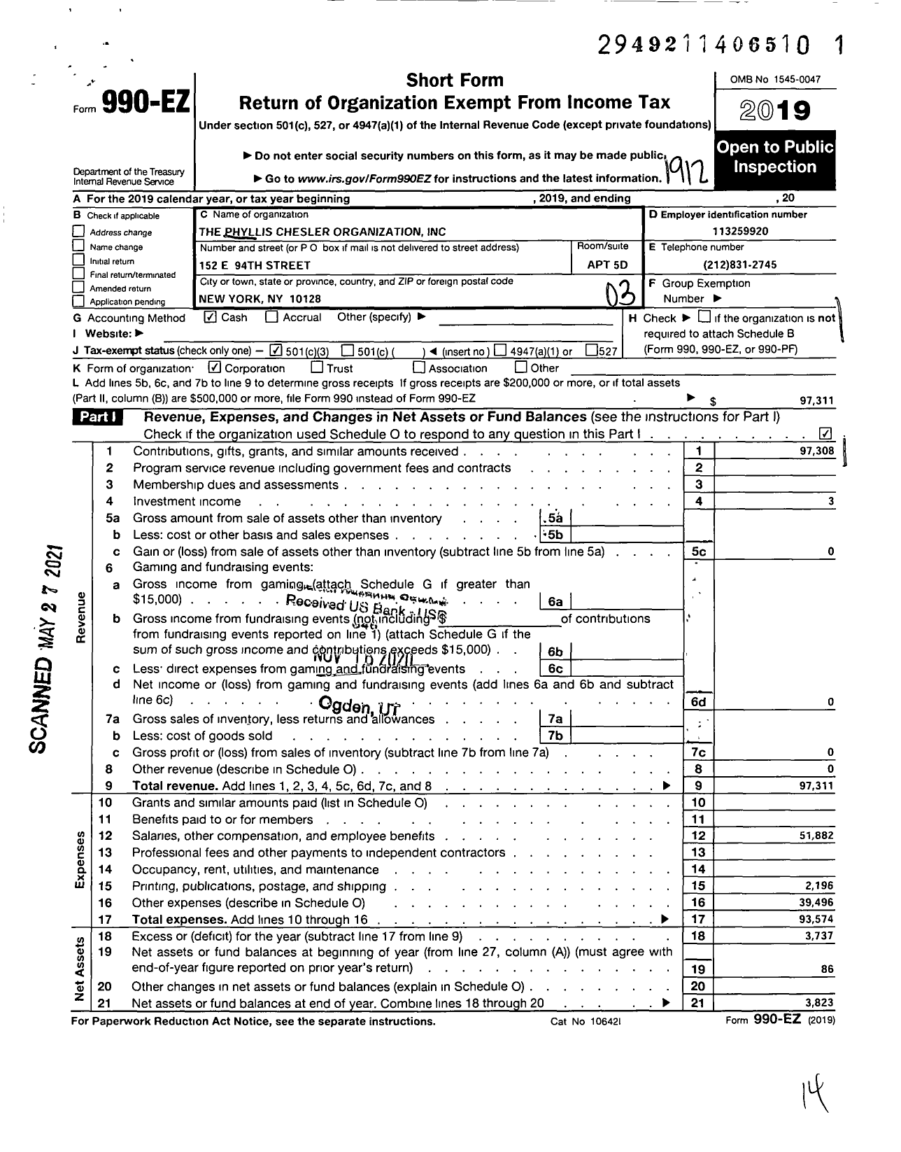 Image of first page of 2019 Form 990EZ for The Phyllis Chesler Organization