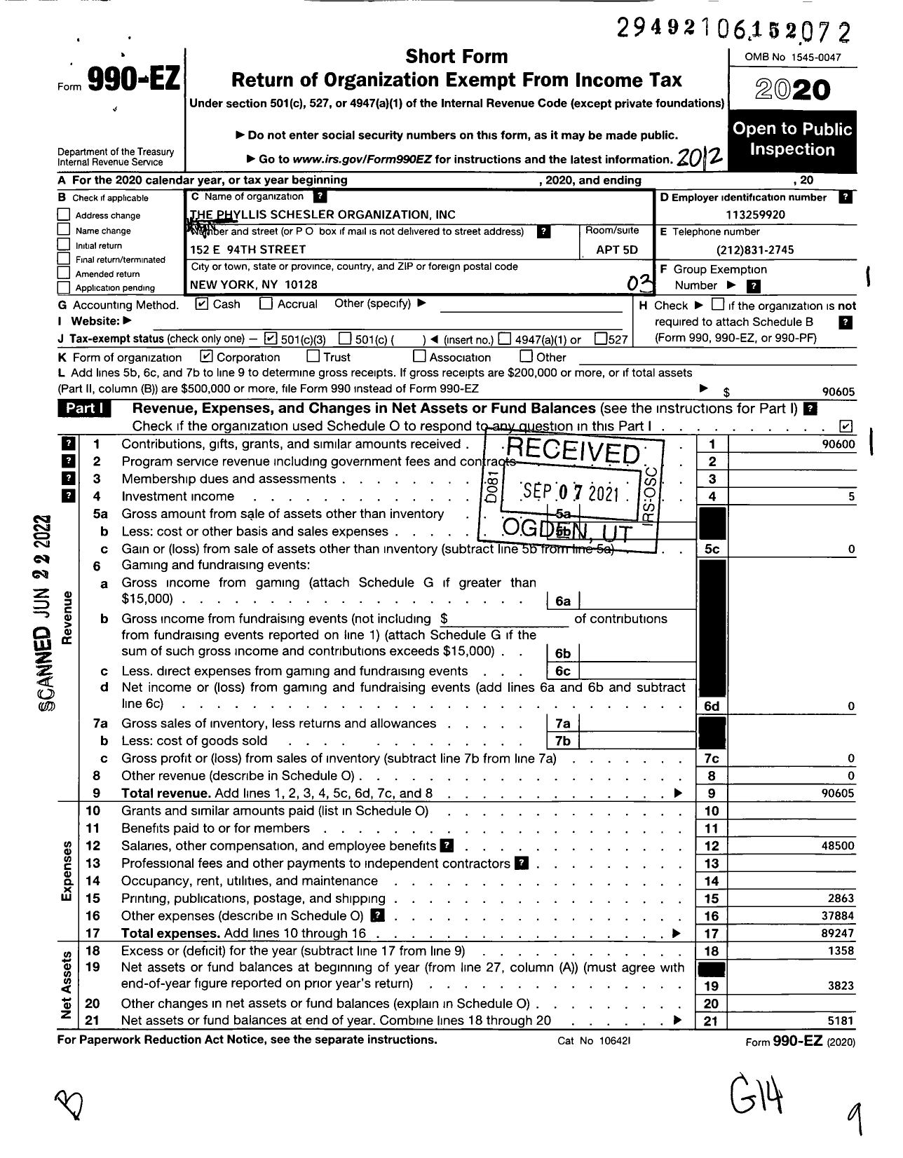 Image of first page of 2020 Form 990EZ for The Phyllis Chesler Organization