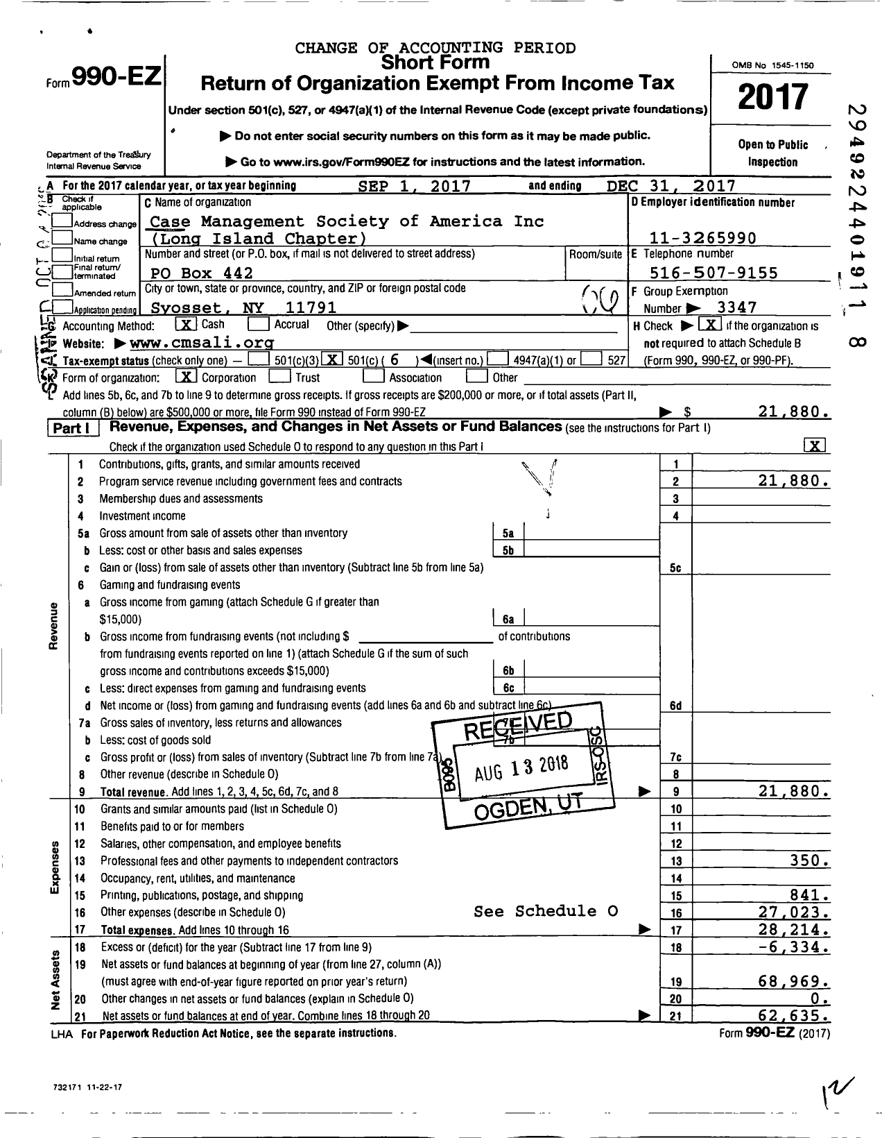 Image of first page of 2017 Form 990EO for Case Management Society of America / Long Island Chapter of the Case Man