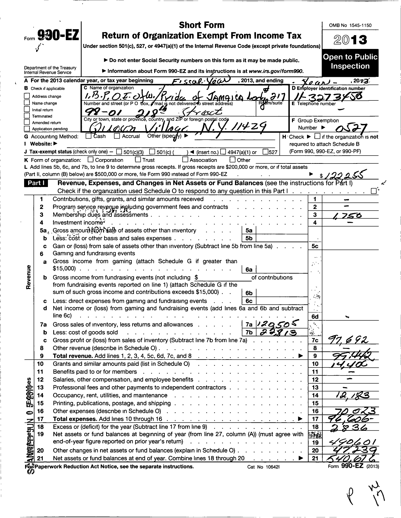 Image of first page of 2013 Form 990EO for Improved Benevolent and Protective Order of Elks of the World - 217 Pride of Jamaica Lodge