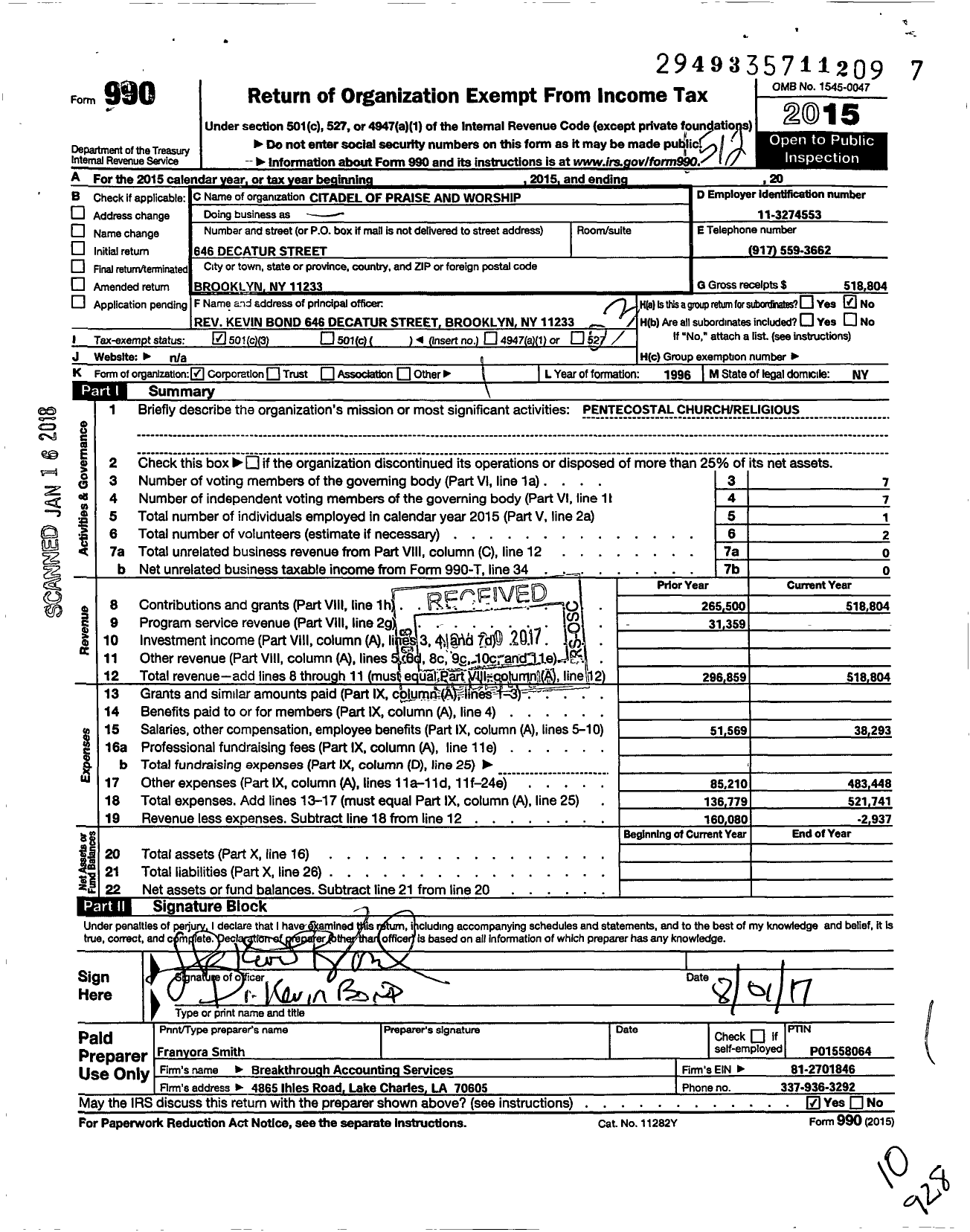 Image of first page of 2015 Form 990 for Citadel of Praise and Worship