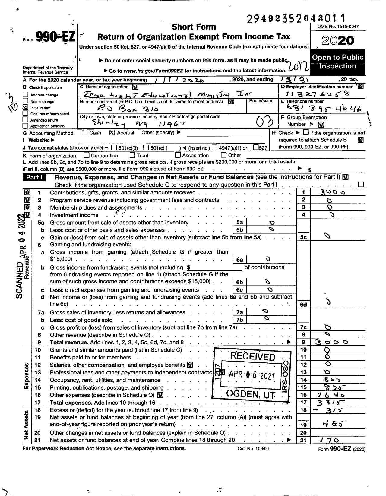 Image of first page of 2020 Form 990EZ for True Light Educational Ministry