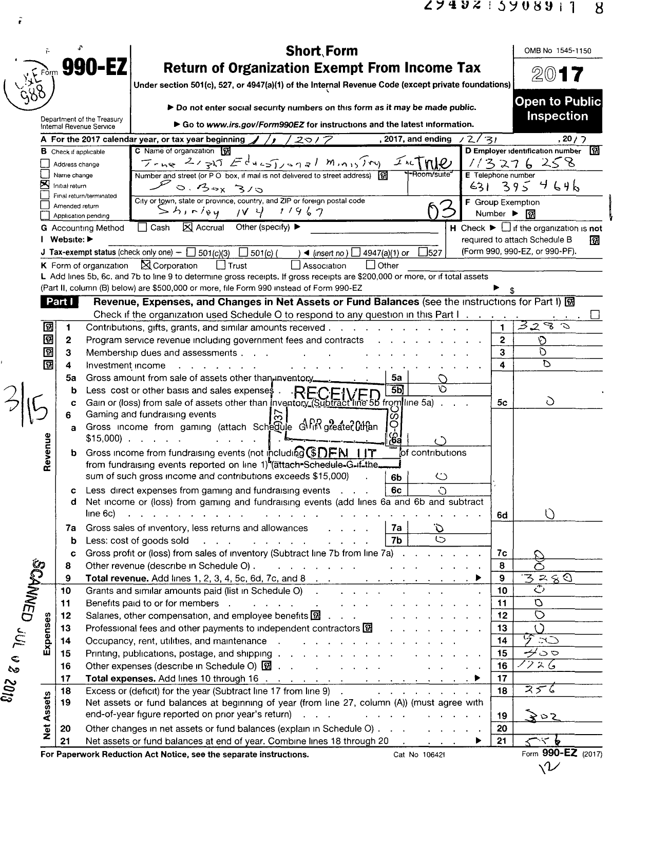 Image of first page of 2017 Form 990EZ for True Light Educational Ministry