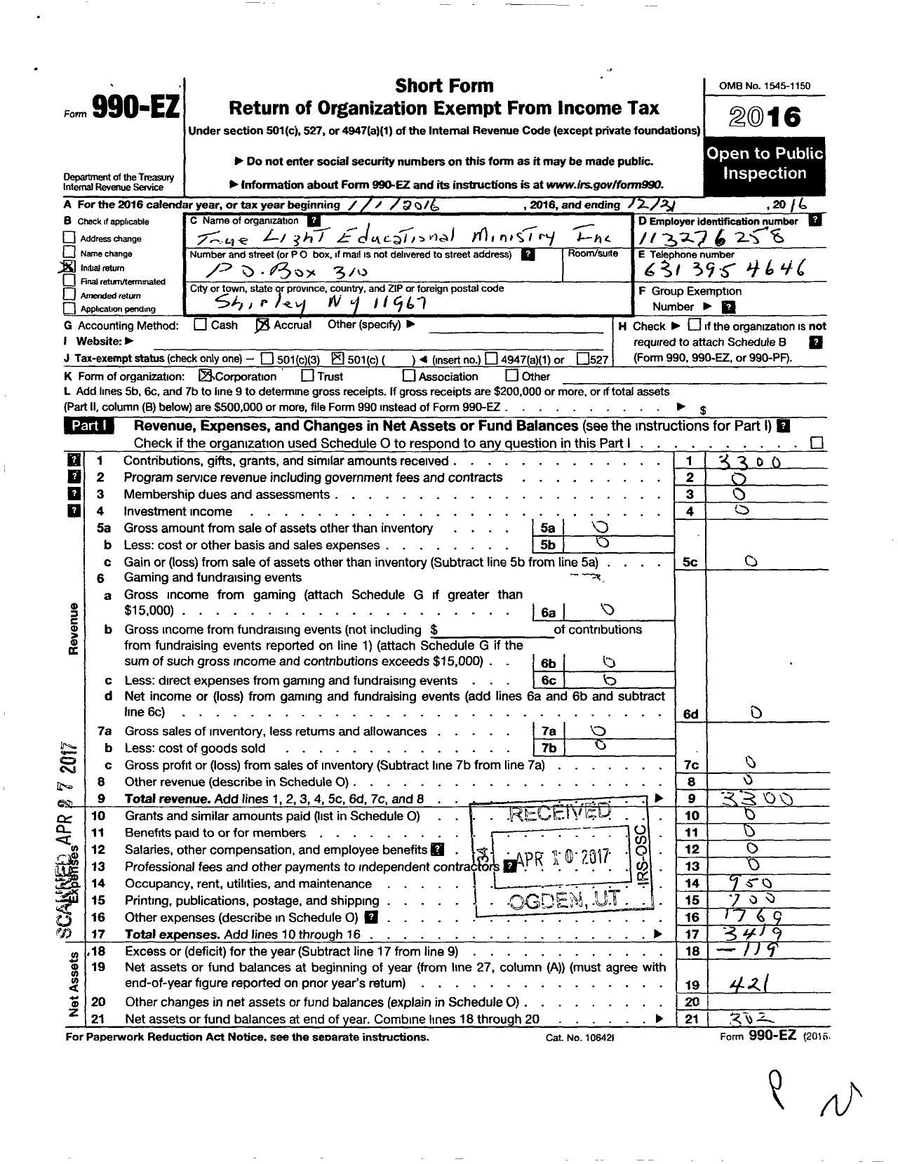 Image of first page of 2016 Form 990EO for True Light Educational Ministry