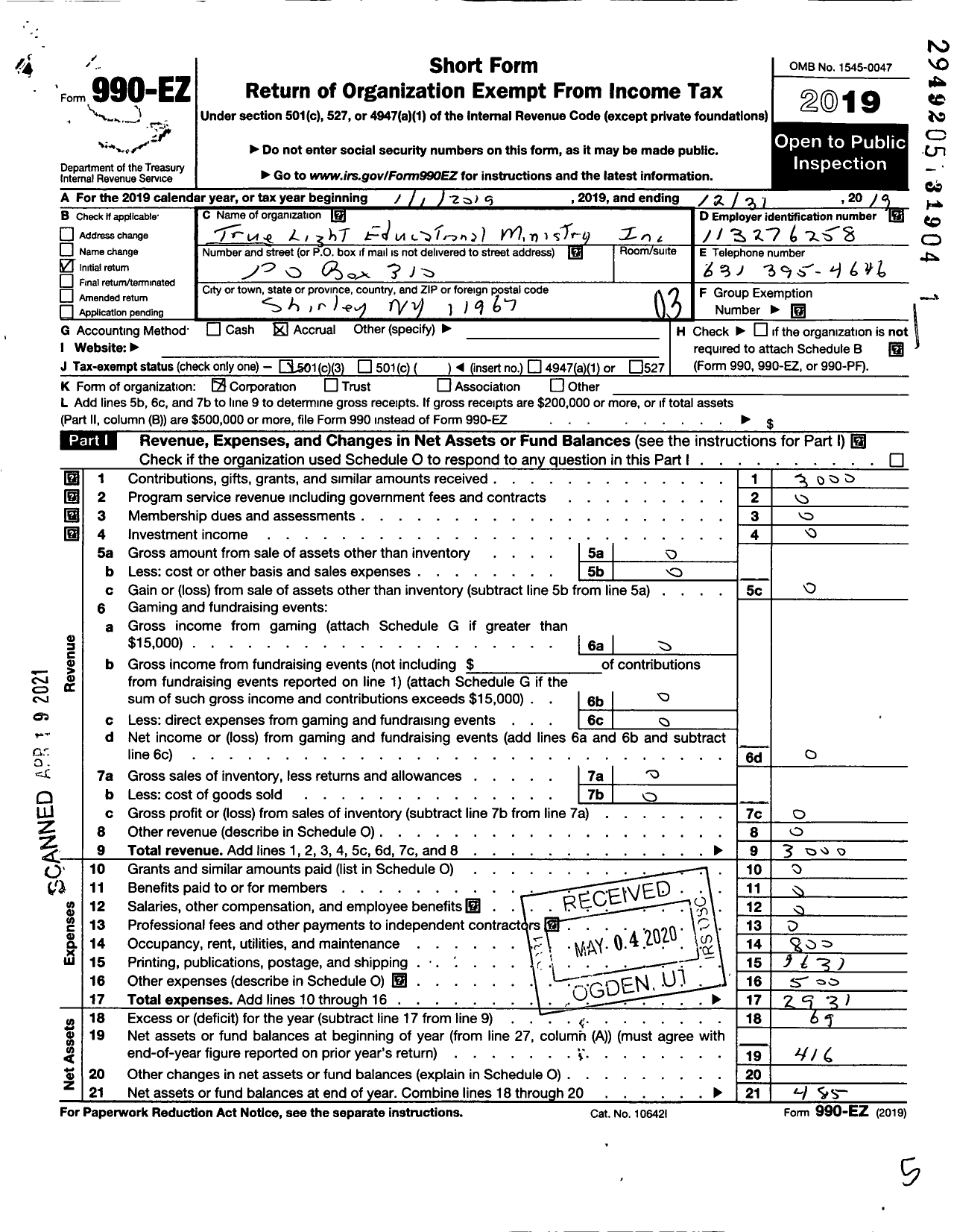 Image of first page of 2019 Form 990EZ for True Light Educational Ministry