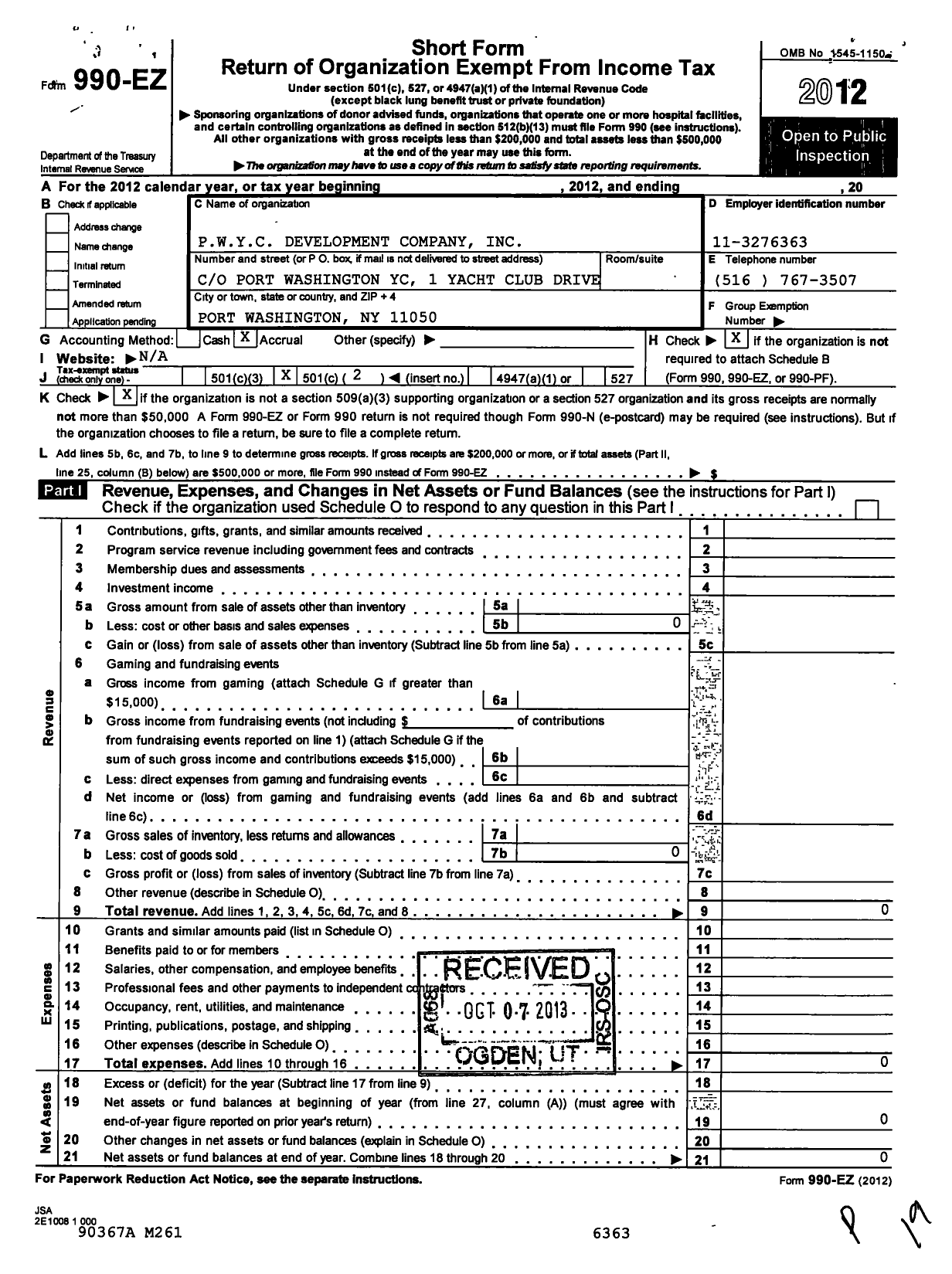 Image of first page of 2012 Form 990EO for P W Y C Land Company No 2