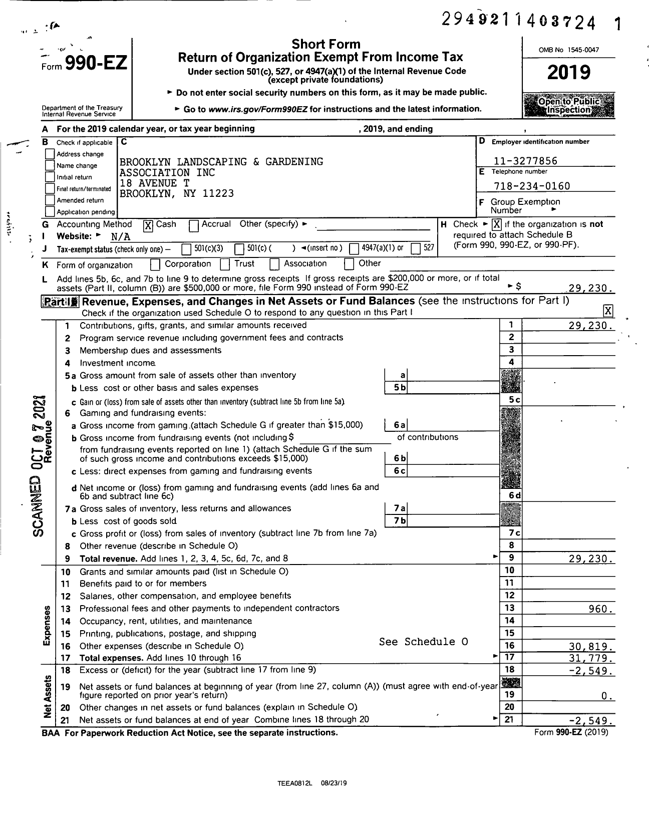 Image of first page of 2019 Form 990EO for Brooklyn Landscaping and Gardening Association