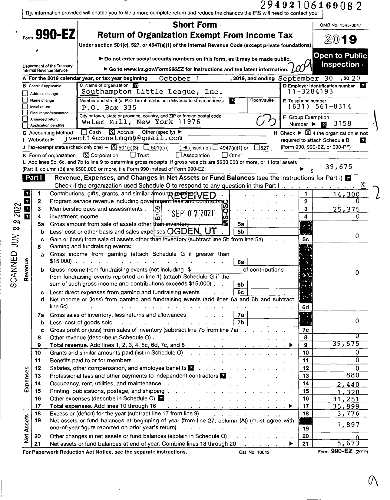 Image of first page of 2019 Form 990EZ for Little League Baseball - 2323615 Southampton LL