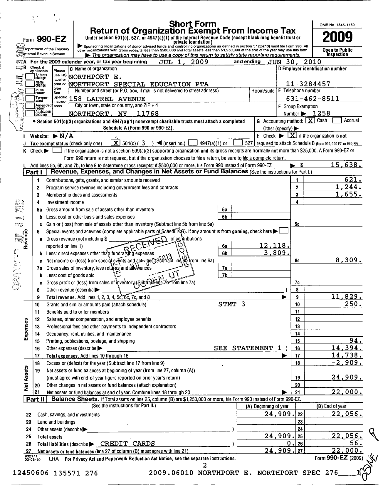 Image of first page of 2009 Form 990EZ for New York State PTA - 05-382 Northport E Northport Septa