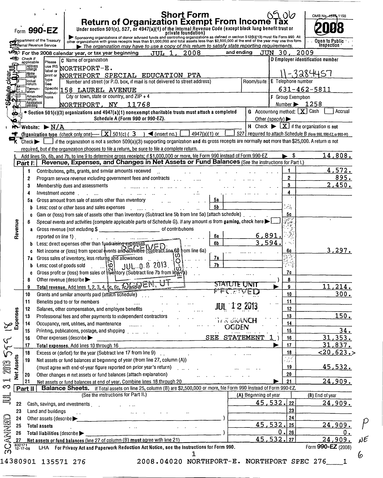 Image of first page of 2008 Form 990EZ for New York State PTA - 05-382 Northport E Northport Septa