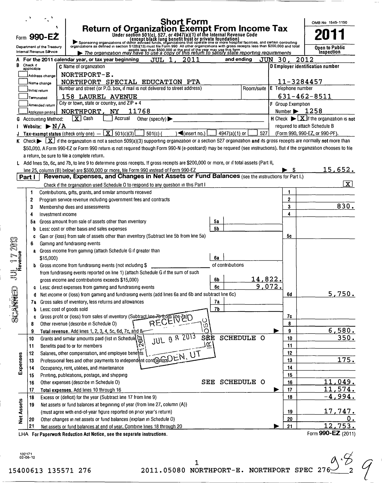 Image of first page of 2011 Form 990EZ for New York State PTA - 05-382 Northport E Northport Septa