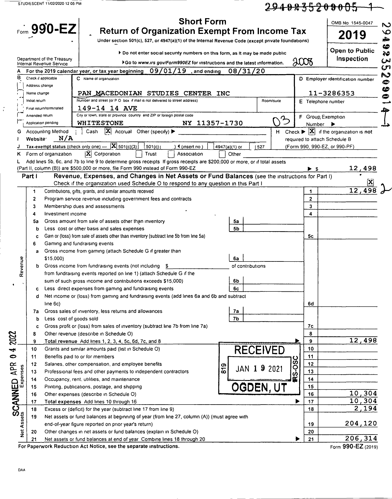 Image of first page of 2019 Form 990EZ for Pan Macedonian Studies Center