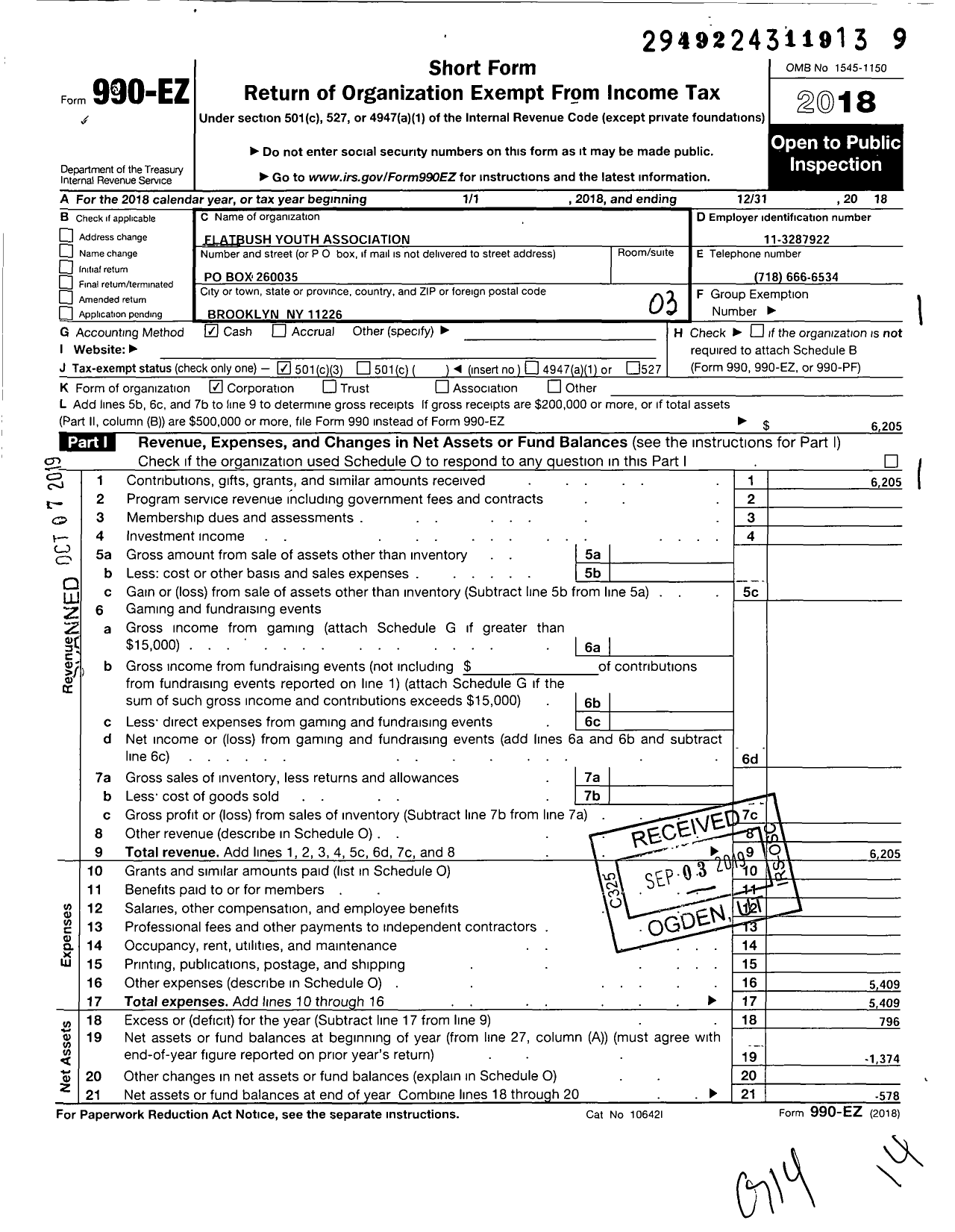 Image of first page of 2018 Form 990EZ for Flatbush Youth Association